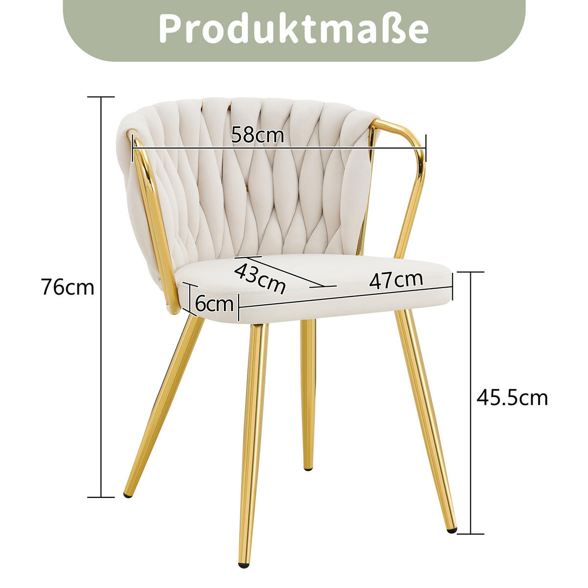 ESSZIMMERSTUHL 2ER-SET aus Samt mit goldenen Beinen, ergonomisch gepolstert - Beige, Textil (43/76/58cm) - Urban Meuble