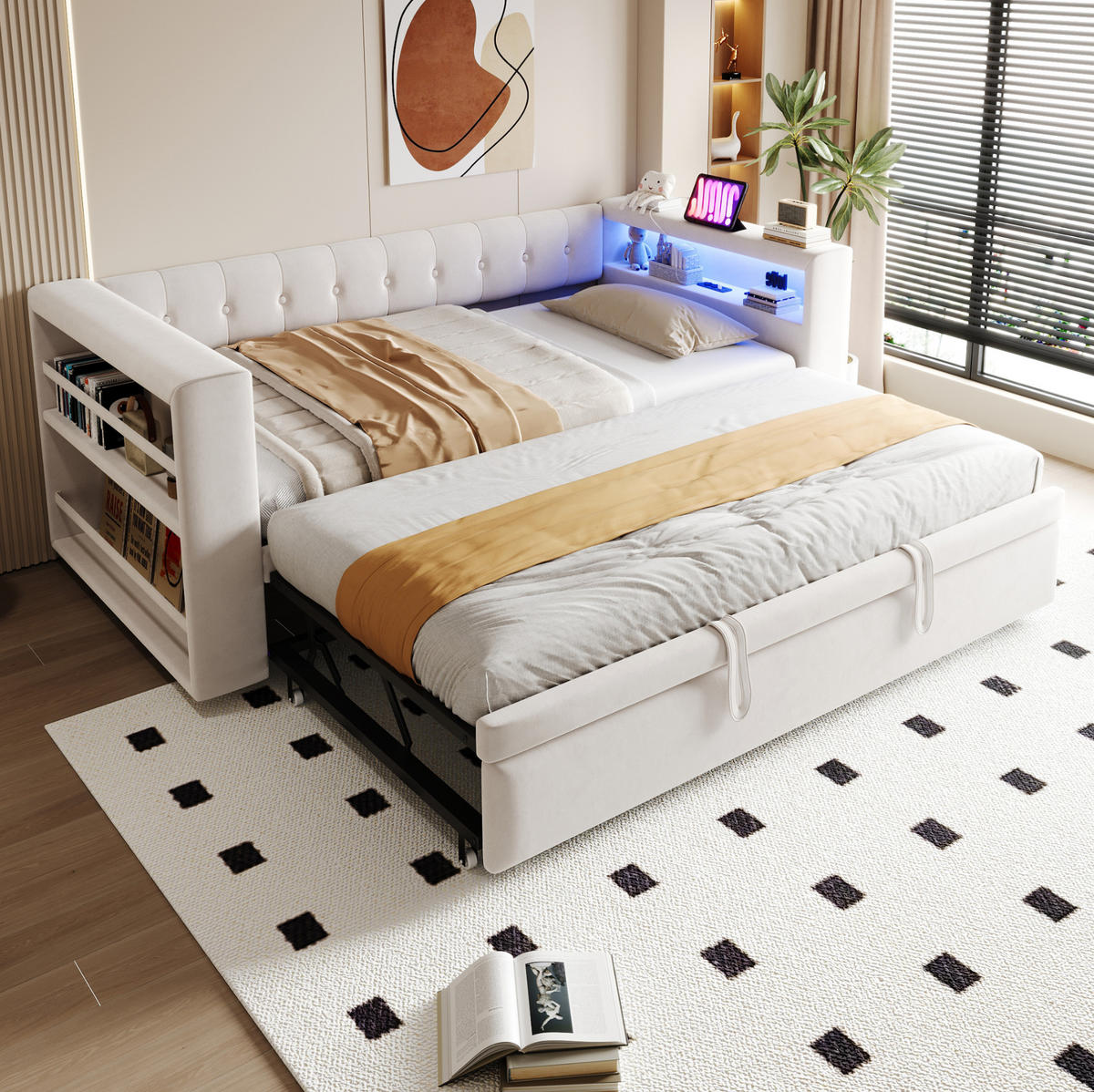 POLOHOVACÍ pohovka 90/180 × 190 cm béžová z flanelu s LED osvětlením, zásuvkami a úložným prostorem - béžová, kompozitní dřevo (90/190cm) - OKWISH