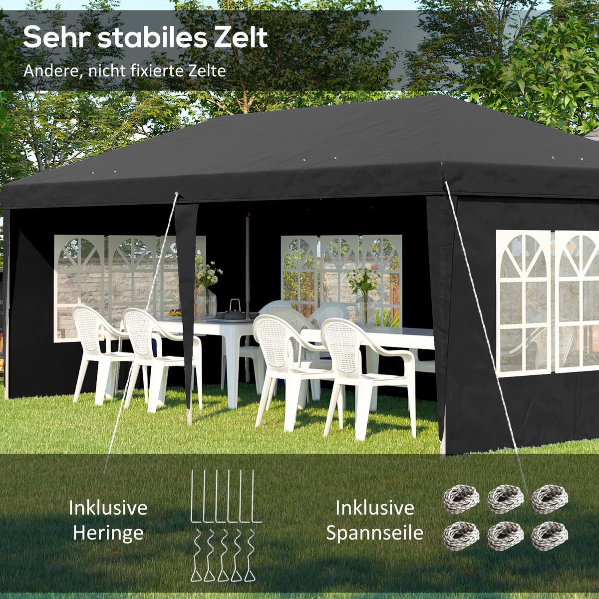 PAVILLON ca. 3x6m Wasserdicht Pop-up Faltpavillon mit 4 Seitenwänden, Fenster - Schwarz, Textil (295/270/585cm) - Outsunny