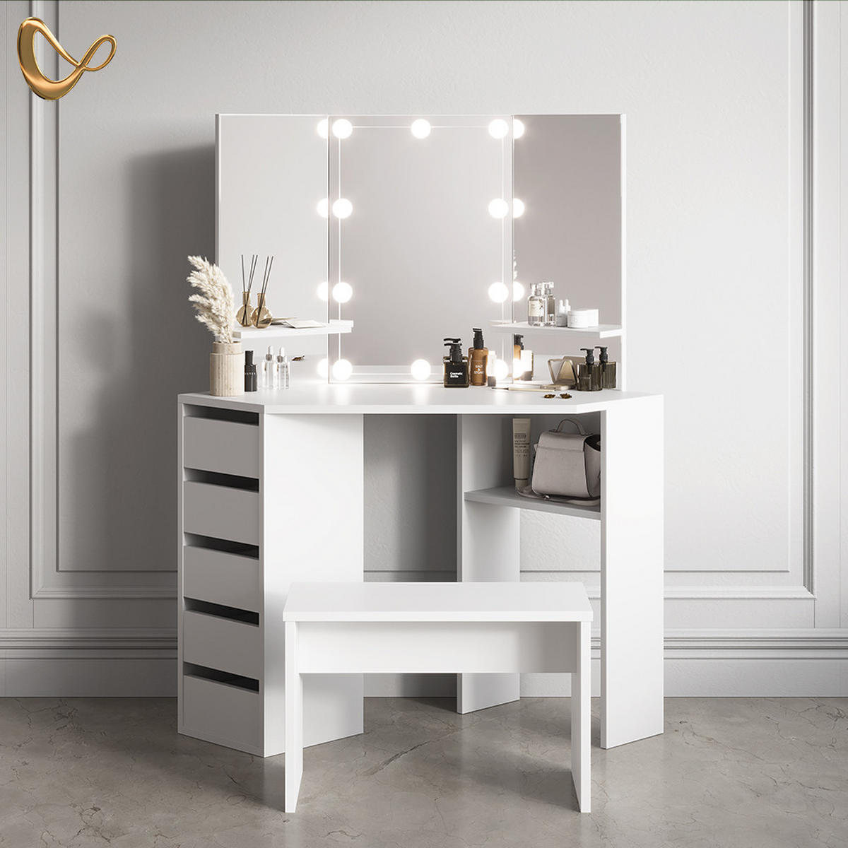 ECKSCHMINKTISCH Enna Weiß 110 cm mit LED Beleuchtung und Bank - Weiß, Holzwerkstoff (110/141.5/54cm) - Livinity®