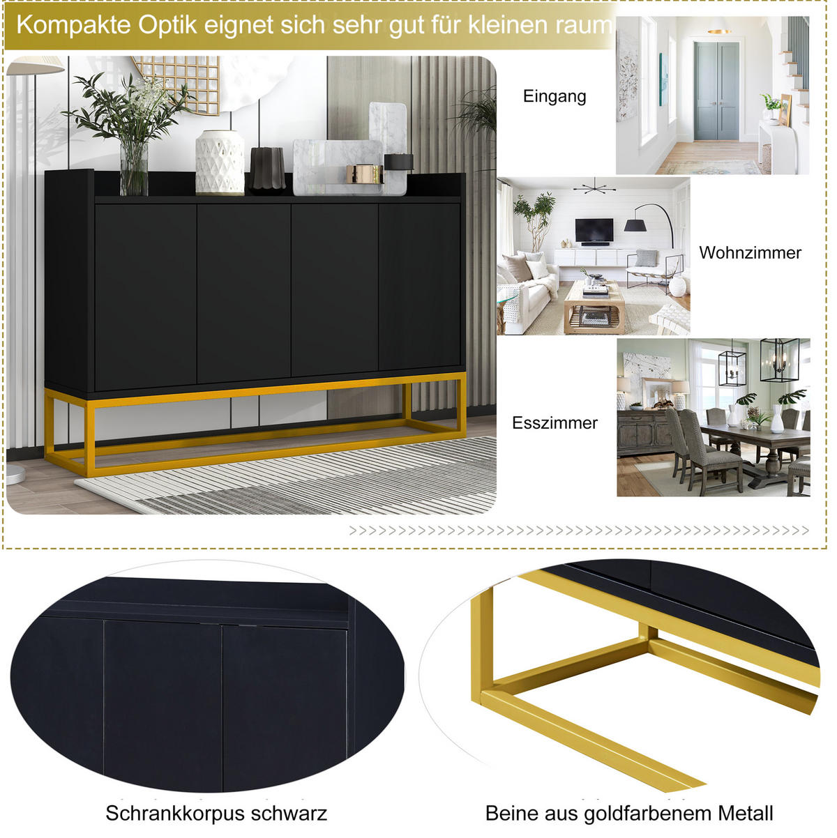 SIDEBOARD 120/30/80 cm schwarz aus Spanplatte mit 4 Türen - Schwarz, Holzwerkstoff (120/80/30cm) - OKWISH
