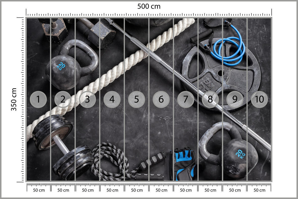 FOTOTAPETE für Fitnessstudio Sportgeräte zum Trainieren Kettlebells Hanteln 500x350 - Blau/Creme, Papier (500/350cm) - Muralo