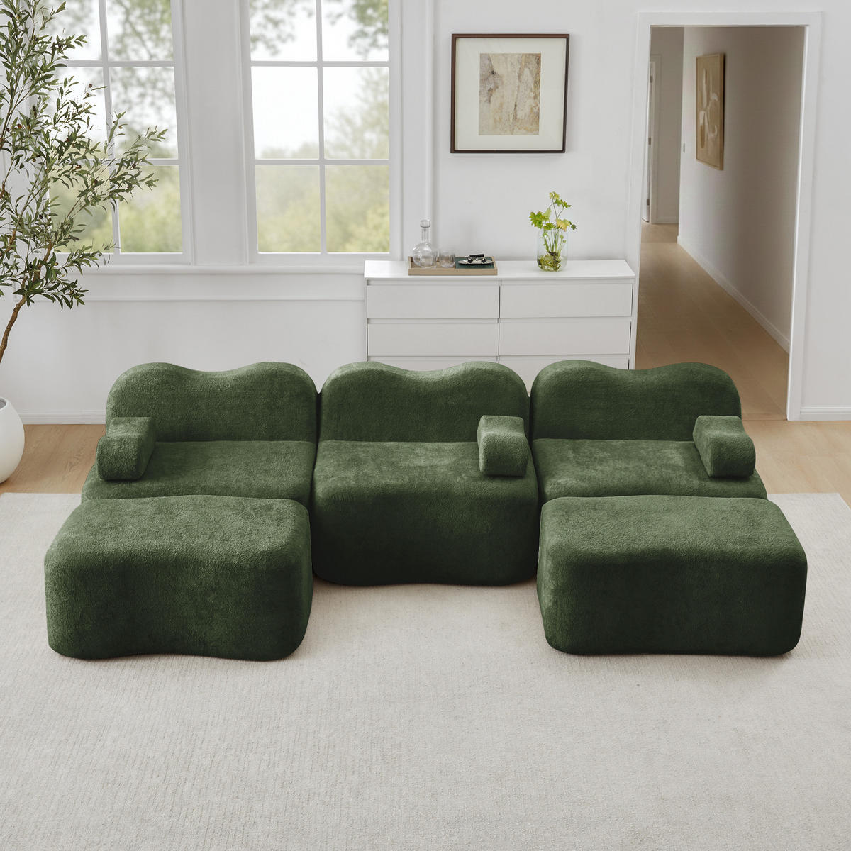 WOHNLANDSCHAFT Samt Grün mit 2 Hocker - Grün, Textil (288/70/167cm) - WISHDOR