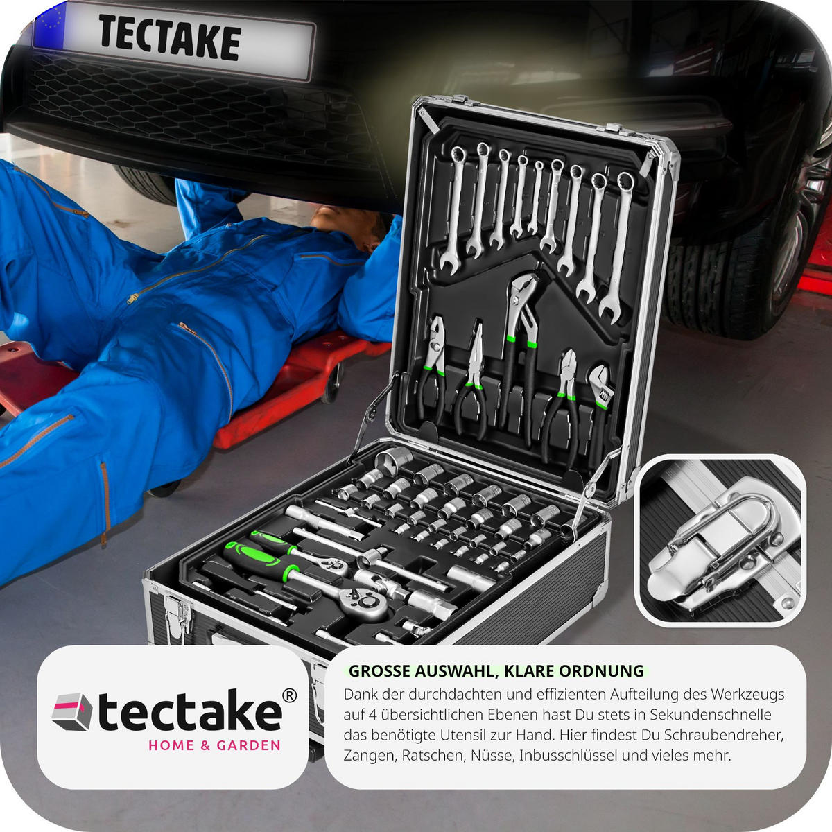 WERKZEUGKOFFER ,mit Klappgriff und Teleskopgriff,schwarz - Schwarz, Metall (20/100/37cm) - tectake