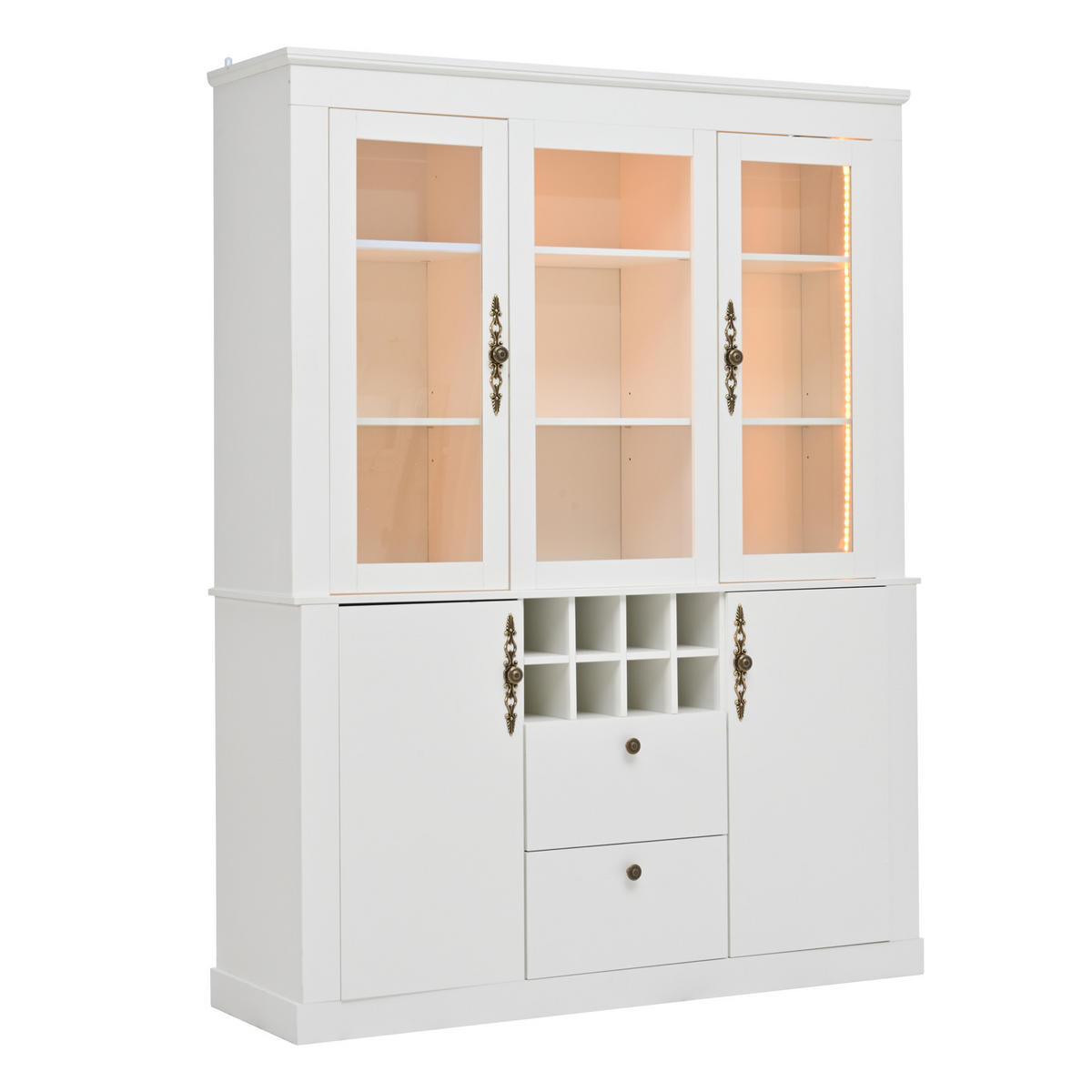 VITRINE LED 130cm 4 Türen 2 Schubladen Weinregal Weiß - Weiß, Glas (130/170.5/37.5cm) - FLIEKS