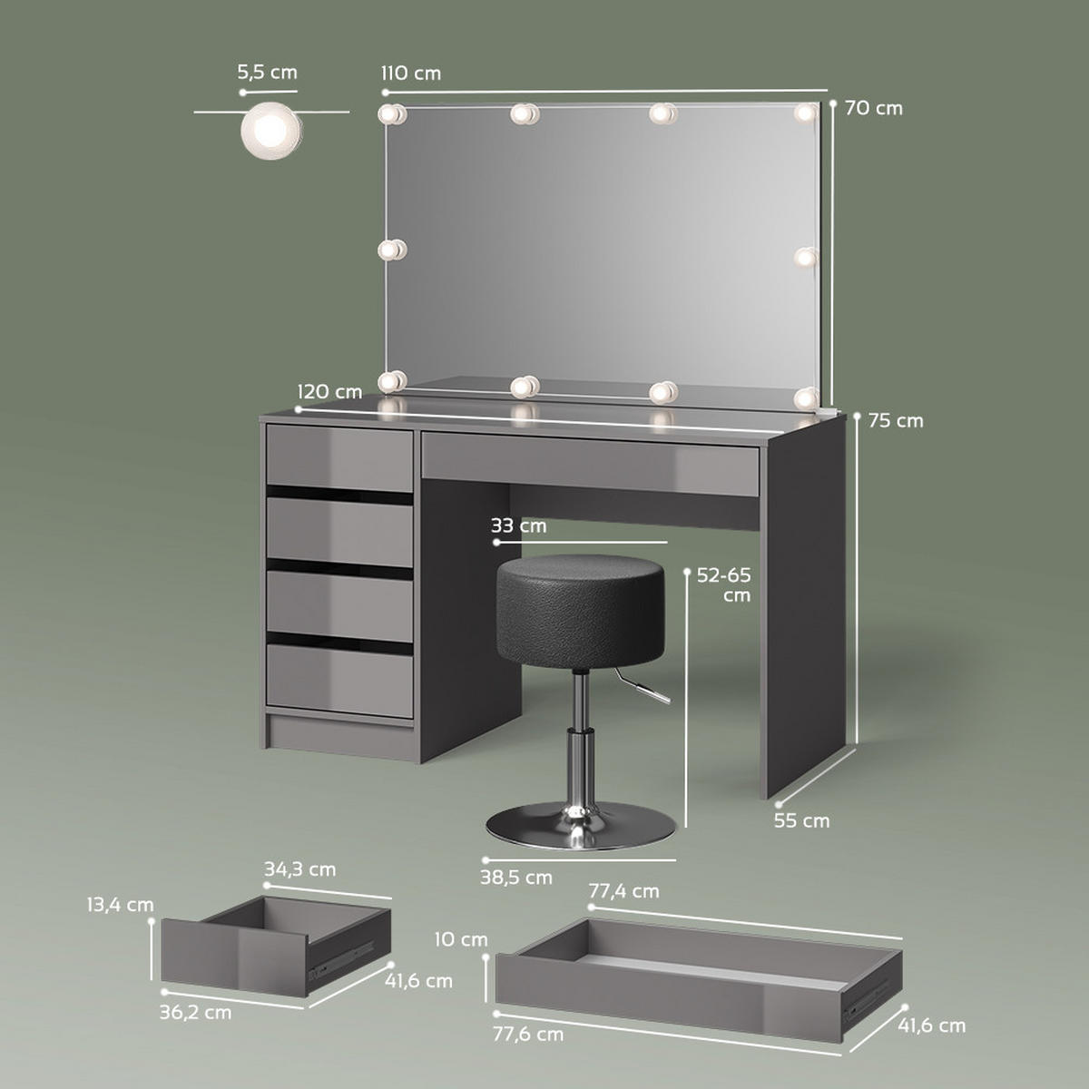 SCHMINKTISCH Imola Grau mit LED Beleuchtung und Hocker - Grau, Holzwerkstoff (120/75/55cm) - Livinity®