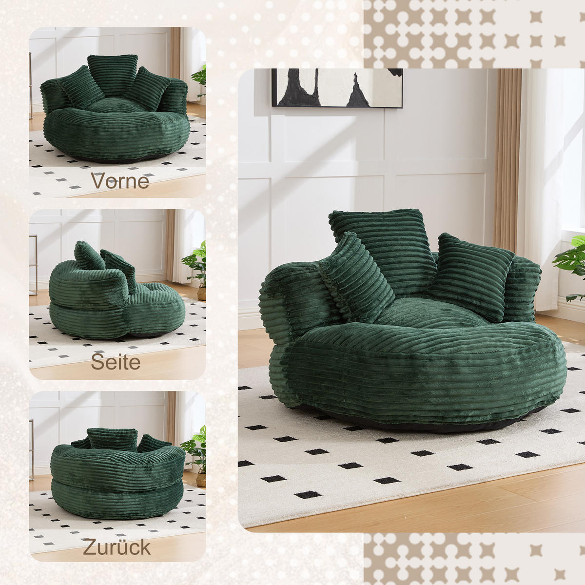 SITZSACK in Chenille mit 3 Kissen - Grün, Textil (108/52/108cm) - Urban Meuble