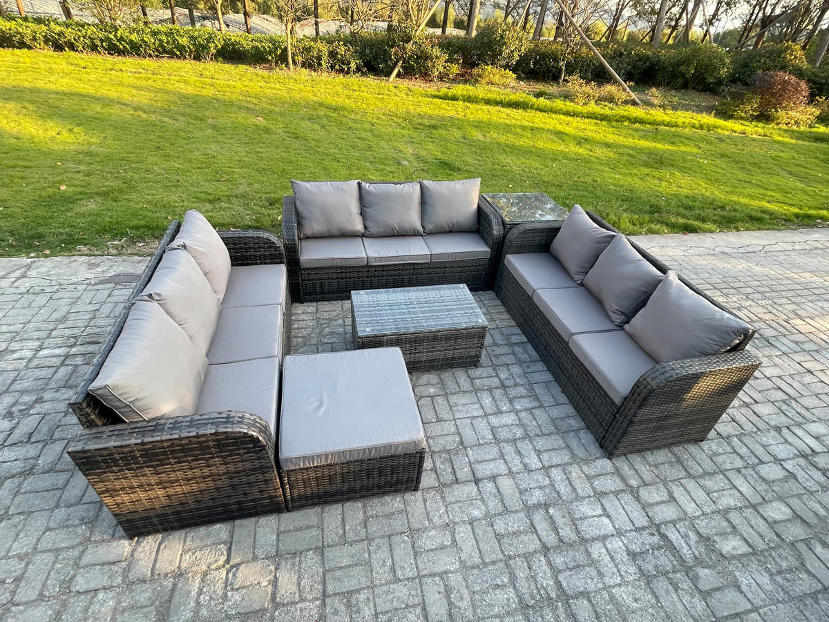 GARTENMÖBELGARNITUR mit KISSEN Polyrattan Dunkelgrau 10-Sitzer - Dunkelgrau/Grau, Glas/Kunststoff - Fimous