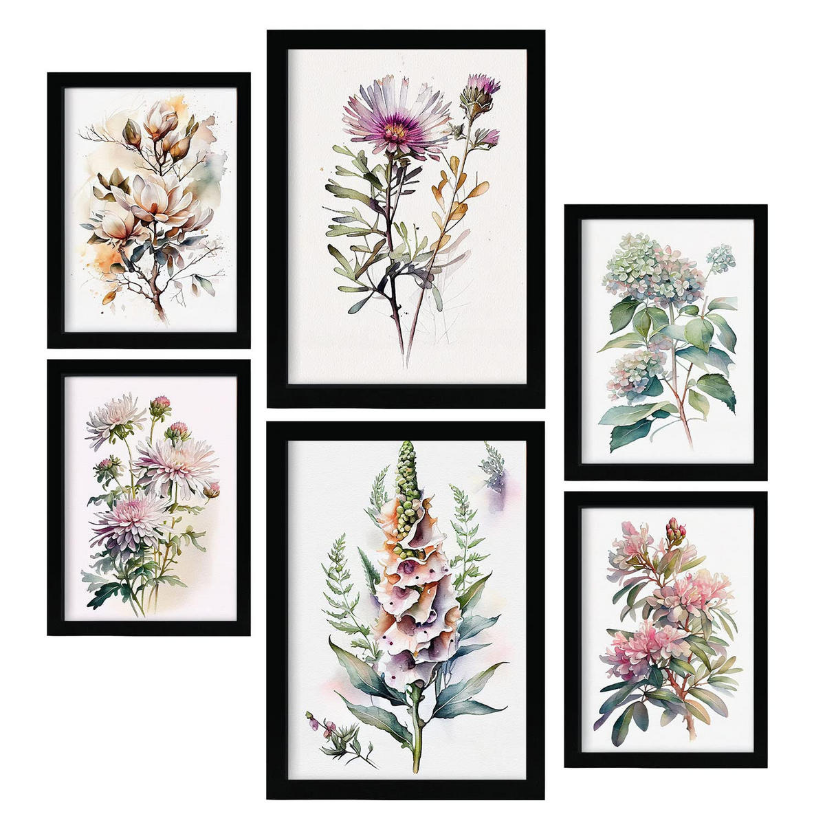 POSTER Set Mit 6 Waldblume Größe A3 & A4 Schwarzer Rahmen - Schwarz, Papier (29.7/1cm) - Nacnic