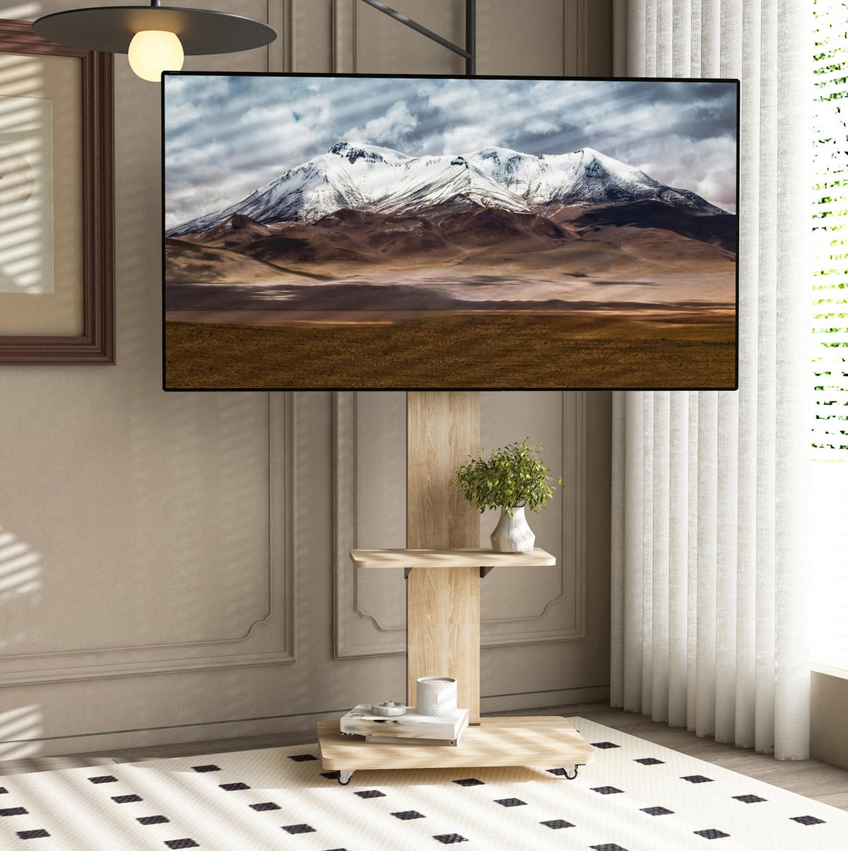 TV-STÄNDER 60/40 cm höhenverstellbar mit schwenkbarer Halterung, Rollen und Ablagen aus MDF und Metall, Natur - Hellbraun, Holzwerkstoff (60/150/40cm) - Redom