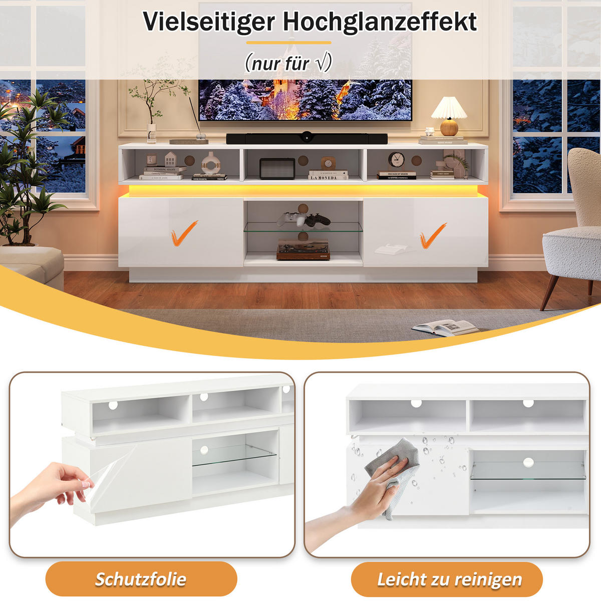 TV-LOWBOARD 160x35x60 cm Weiß LED Hochglanz Glas MDF - Weiß, Holzwerkstoff (35/60/160cm) - FLIEKS