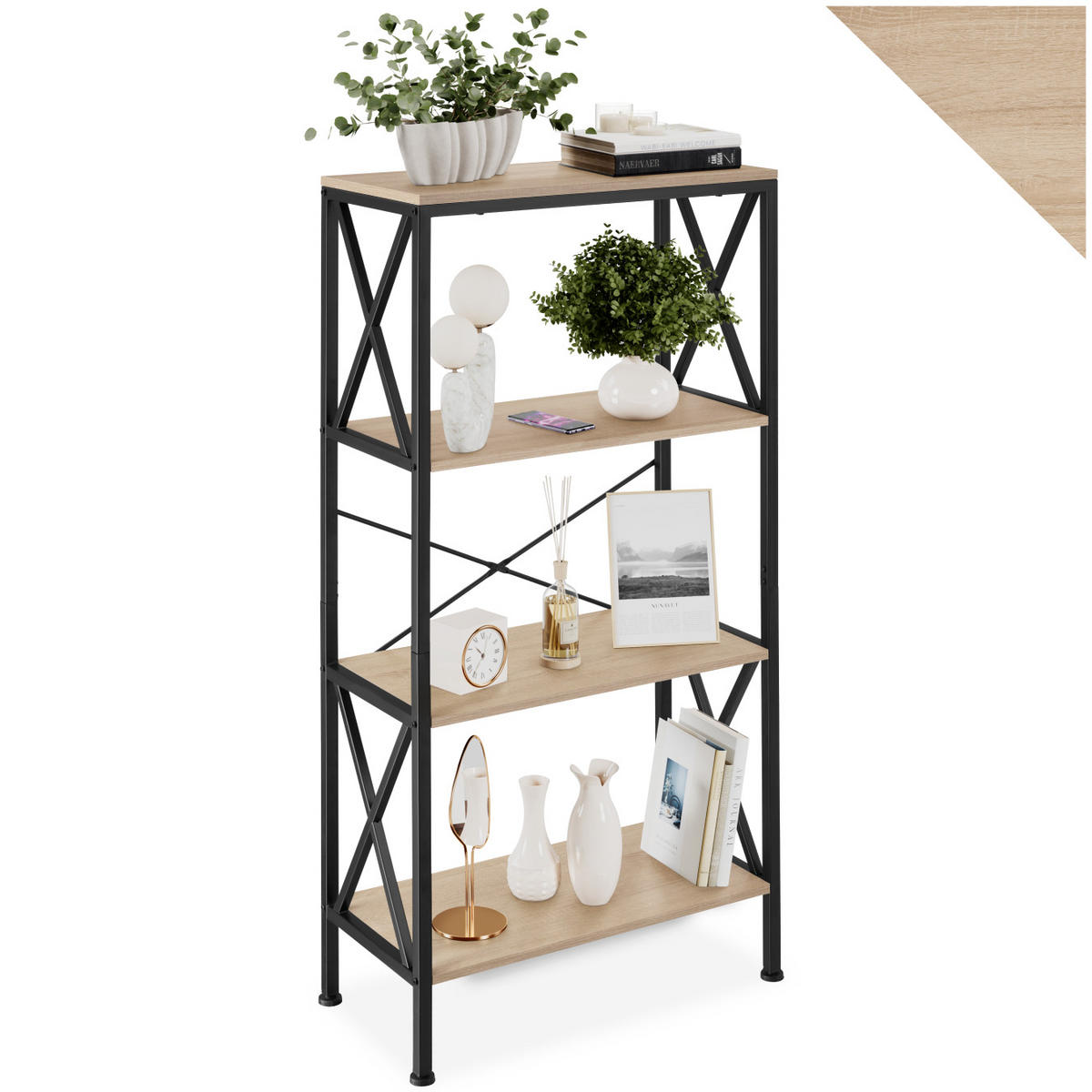 REGAL Barry,inklusive Kippschutz, 61,5 x 31,5 x 133,5 cm,Industrial Holz hell, Eiche Sonoma - Naturfarben, Holzwerkstoff (31.5/133.5/61.5cm) - tectake