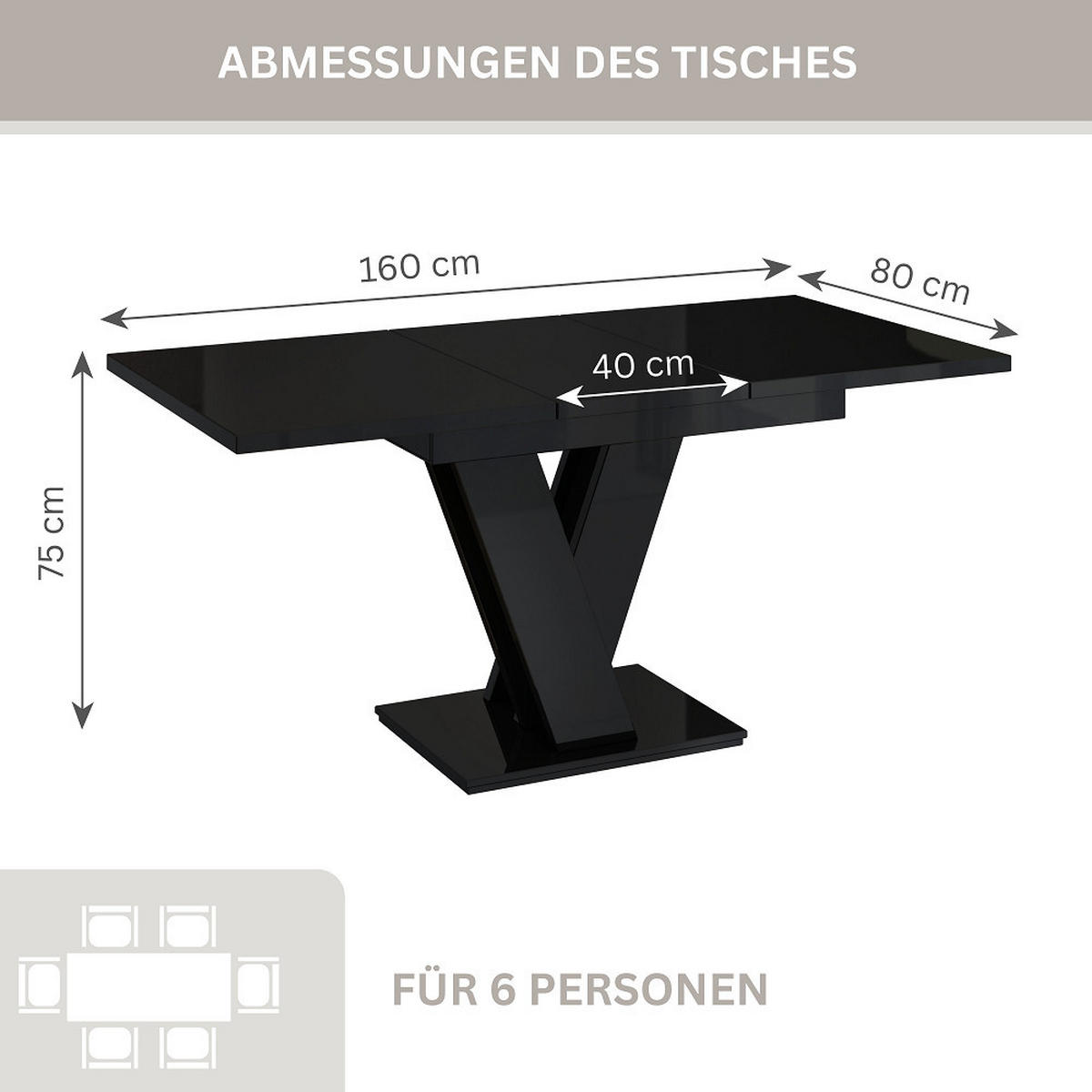 ESSTISCH Schwarz Hochglanz Ausziehbar 120 - 160 cm - Schwarz Hochglanz, Holzwerkstoff (120/80/75cm) - PROSPERO