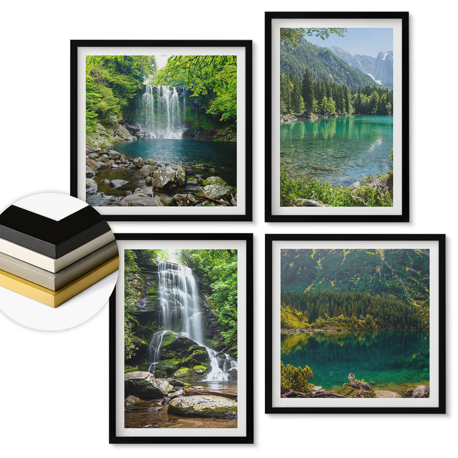 WANDBILDER 4er-Set - 50x50 cm & 40x60 cm Schwarzer Rahmen - Wasserfälle in grüner Umgebung - Schwarz, Kunststoff (50/50cm) - ArtPrintCave