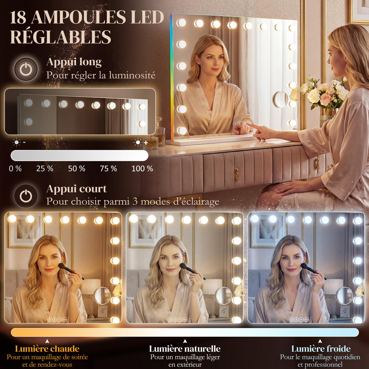 SCHMINKSPIEGEL DE-18035 18 LED, RGB Licht, Bluetooth Weiß - Weiß, Glas (14/80/60cm) - ComfortXL
