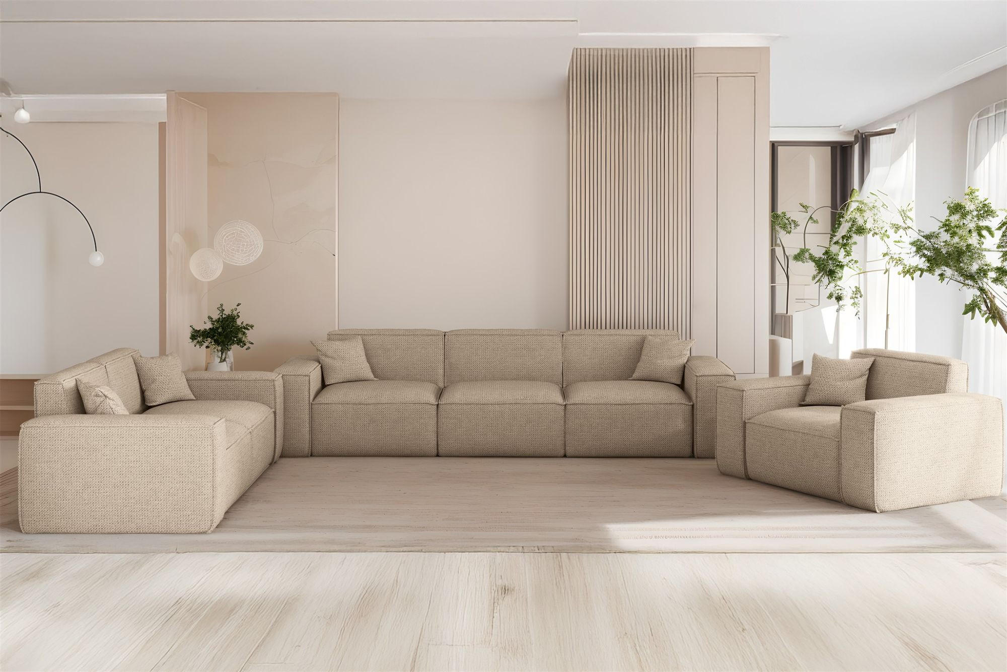 SOFASET Celes Premium 3-2-1 In Artico - Beige, Holzwerkstoff/Textil (218/73/90cm) - Fun Möbel