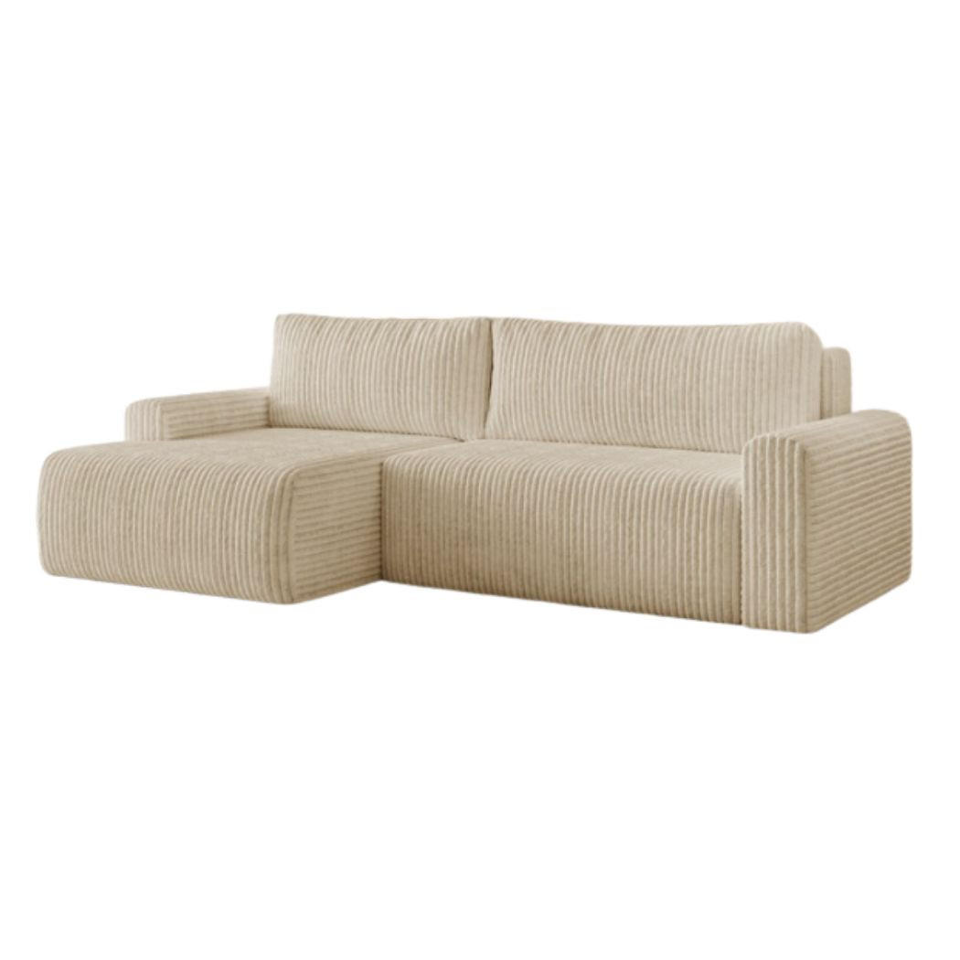 ECKSOFA MILO LARGE mit Schlaffunktion, Bettkasten und Cordbezug, Links - TILIA 11 (Taupe/Graubeige) - Beige, Holz (270/142cm) - Dekori_Interiors