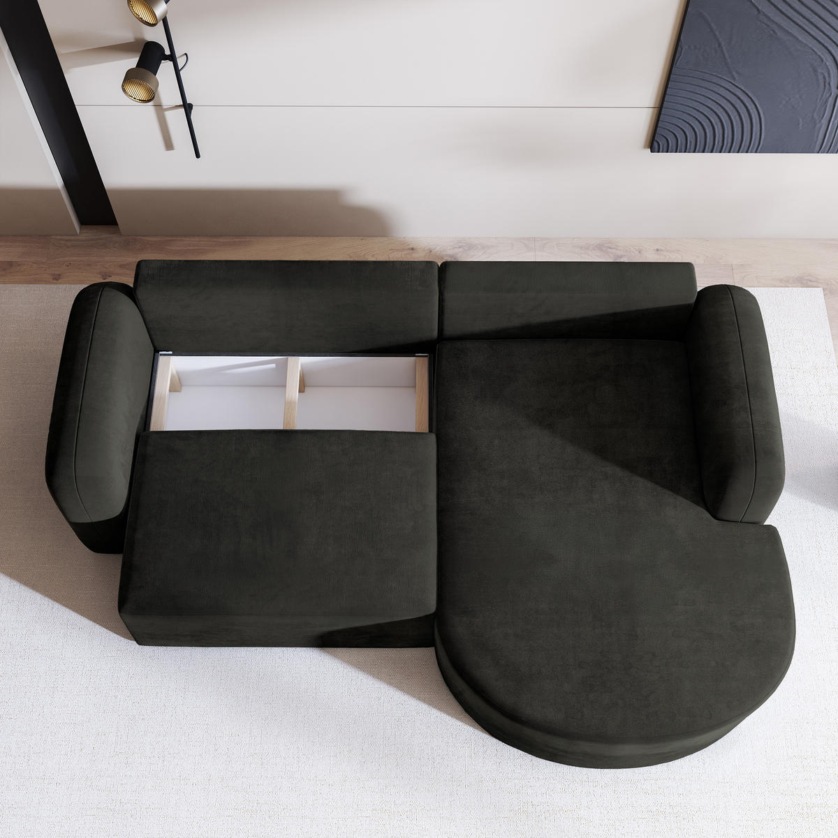 ECKSOFA AMILIA M R-S Schwarz Velours-Stoff mit Schlaffunktion - Schwarz, Holz (263/174cm) - MASSENO