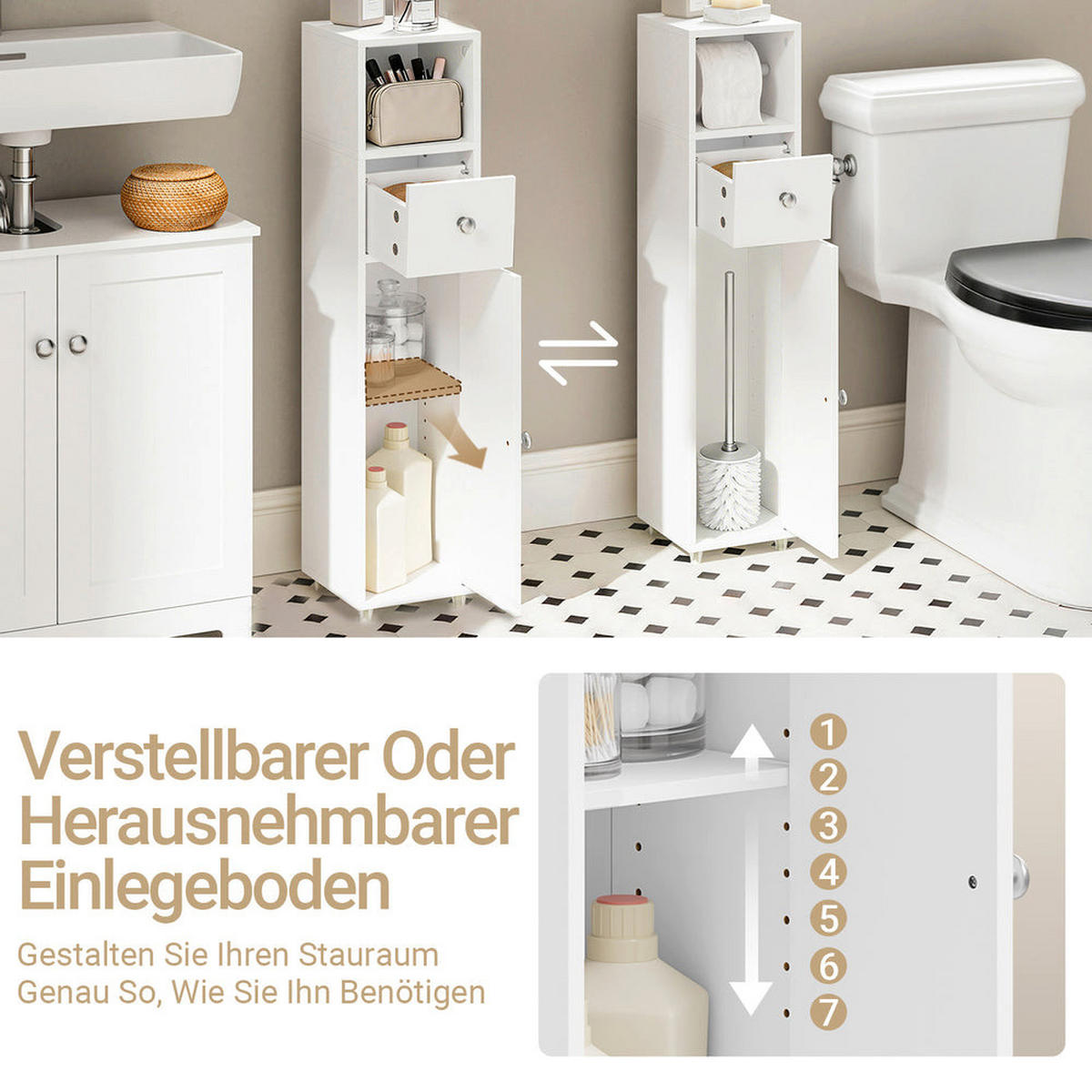 BADEZIMMERSCHRANK mit Toilettenpapierhalter schmal 20cm Weiß BZR219-W - Weiß, Holzwerkstoff (20/85/20cm) - SoBuy