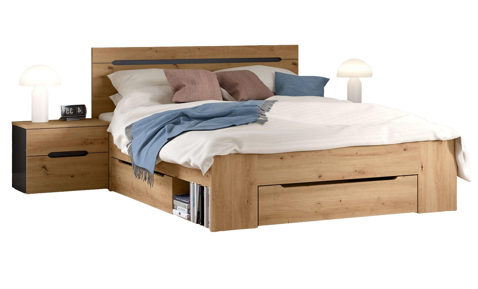 SCHLAFZIMMER Set 3-teilig Eiche Artisan, grau, Kombination mit Bett 140 x 200 cm und 2x Nachttisch - Eiche Artisan/Grau, Holzwerkstoff/Metall - Inn.Furn