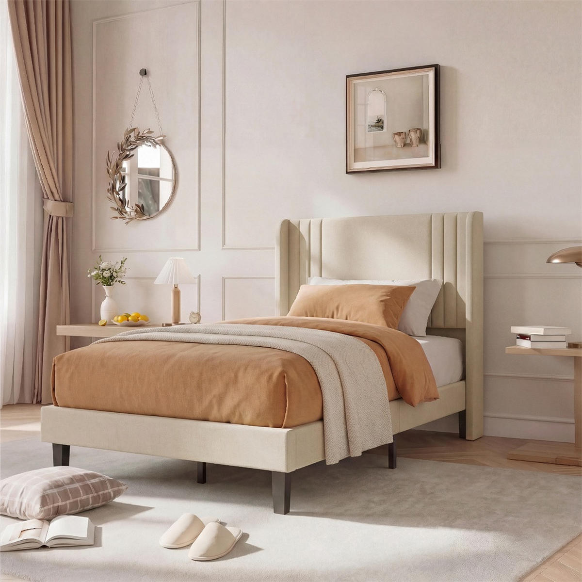 POLSTERBETT 90 x 200 cm aus Leinen mit gepolstertem Kopfteil - tabile Bettbeine ohne Matratze - Beige - Beige, Textil (90/200cm) - DELFA