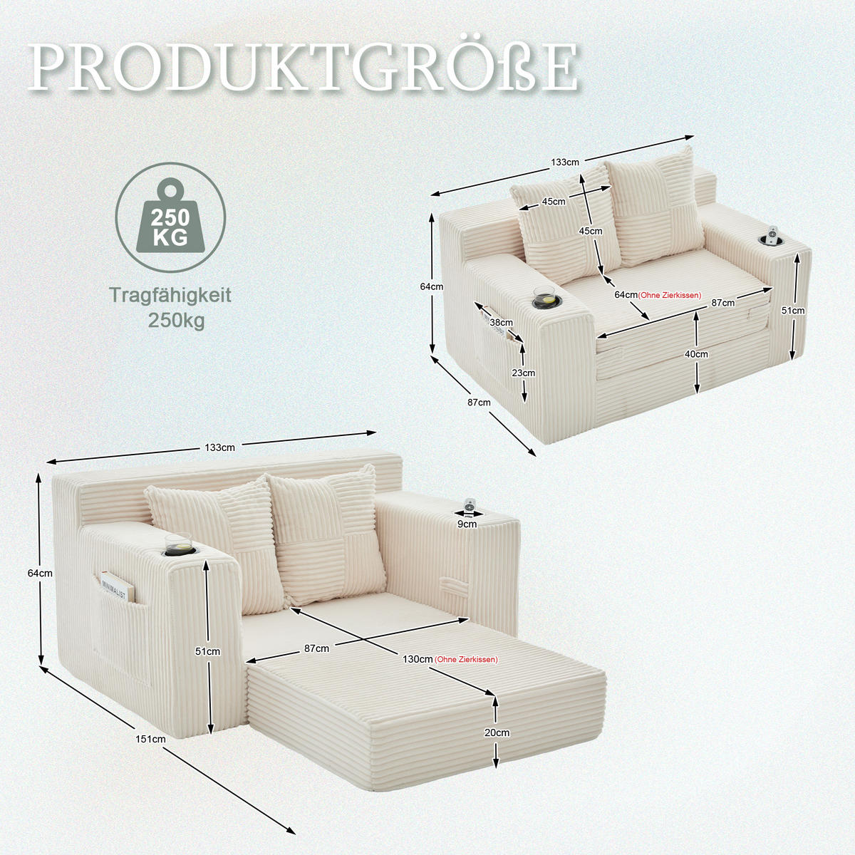 1,5-SITZER ausklappbar, Getränkehalter/Seitentasche, Cord, Beige - Beige, Textil (133/64/87cm) - LVHOM