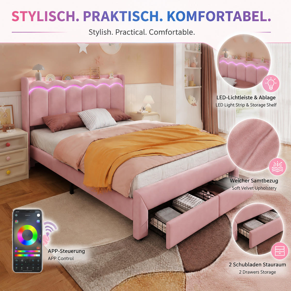 POLSTERBETT 140/200 cm mit 2 Schubladen und LED, DE-41732, in Rosa - Pink, Holzwerkstoff (140/200cm) - ComfortXL