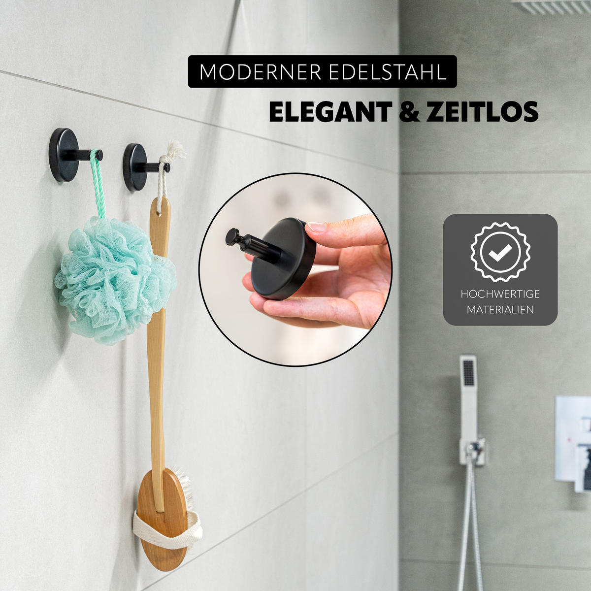 HANDTUCHHAKEN PIAZZA 2er-Set, schwarz, inkl. Klebeset - Schwarz, Metall (6/6/4.5cm) - bremermann