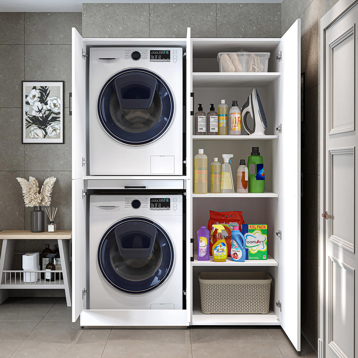 WASCHMASCHINENSCHRANK DORA-I 130cm Breit, 186cm Hoch - Weiß, Holzwerkstoff (130/186/73.8cm)