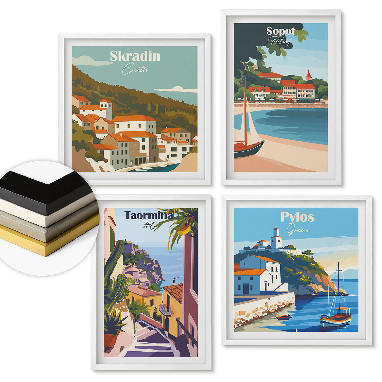 WANDBILDER 4er-Set - 50x50 cm & 40x60 cm Weißer Rahmen - Illustrationen von Küstenstädten - Weiß, Kunststoff (50/50cm) - ArtPrintCave