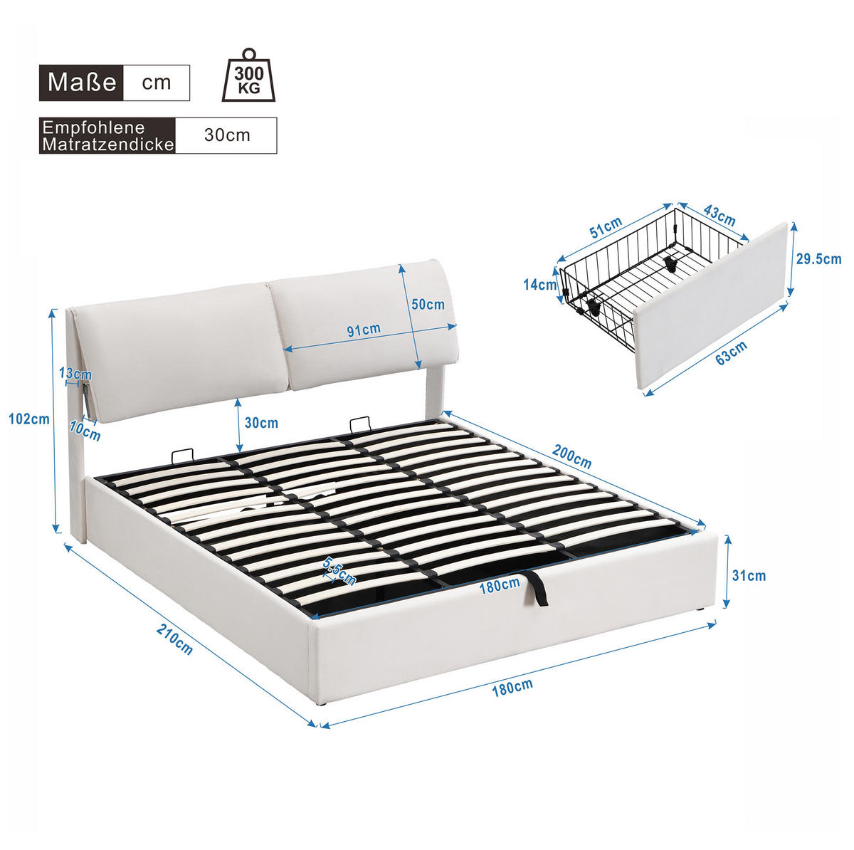 POLSTERBETT 180x200 cm in Beige mit hydraulischem Bettkasten und 3 Schubladen - Beige, Textil (180/200cm) - IVMEU