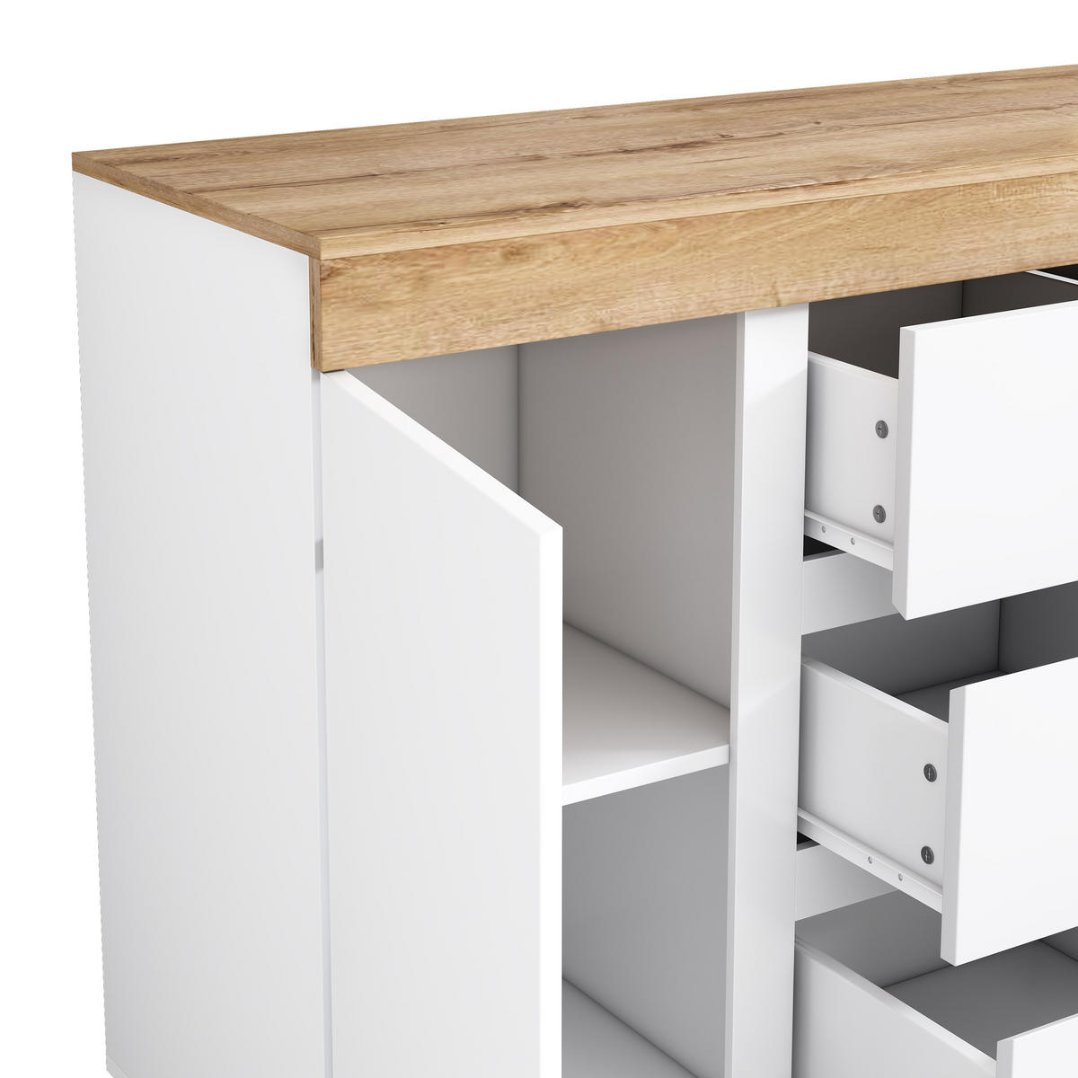 KOMODA bílá dub 120 cm 3 zásuvky 2 dvířka - bílá, kompozitní dřevo (120.5/82.5/40cm) - Urban Meuble
