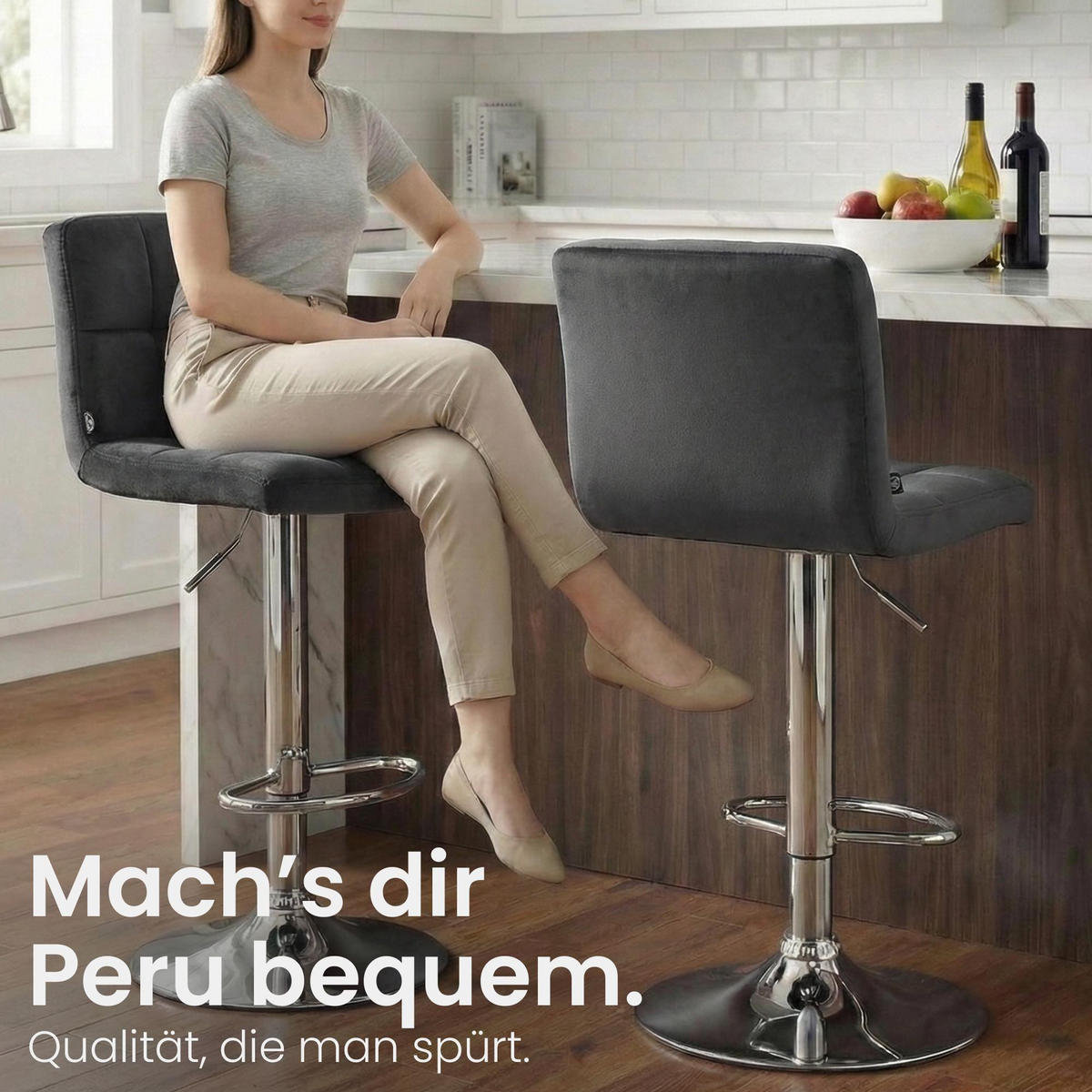 BARHOCKER Samt dunkelgrau - Chromfarben/Dunkelgrau, Textil/Metall (46/94/47cm) - CLP