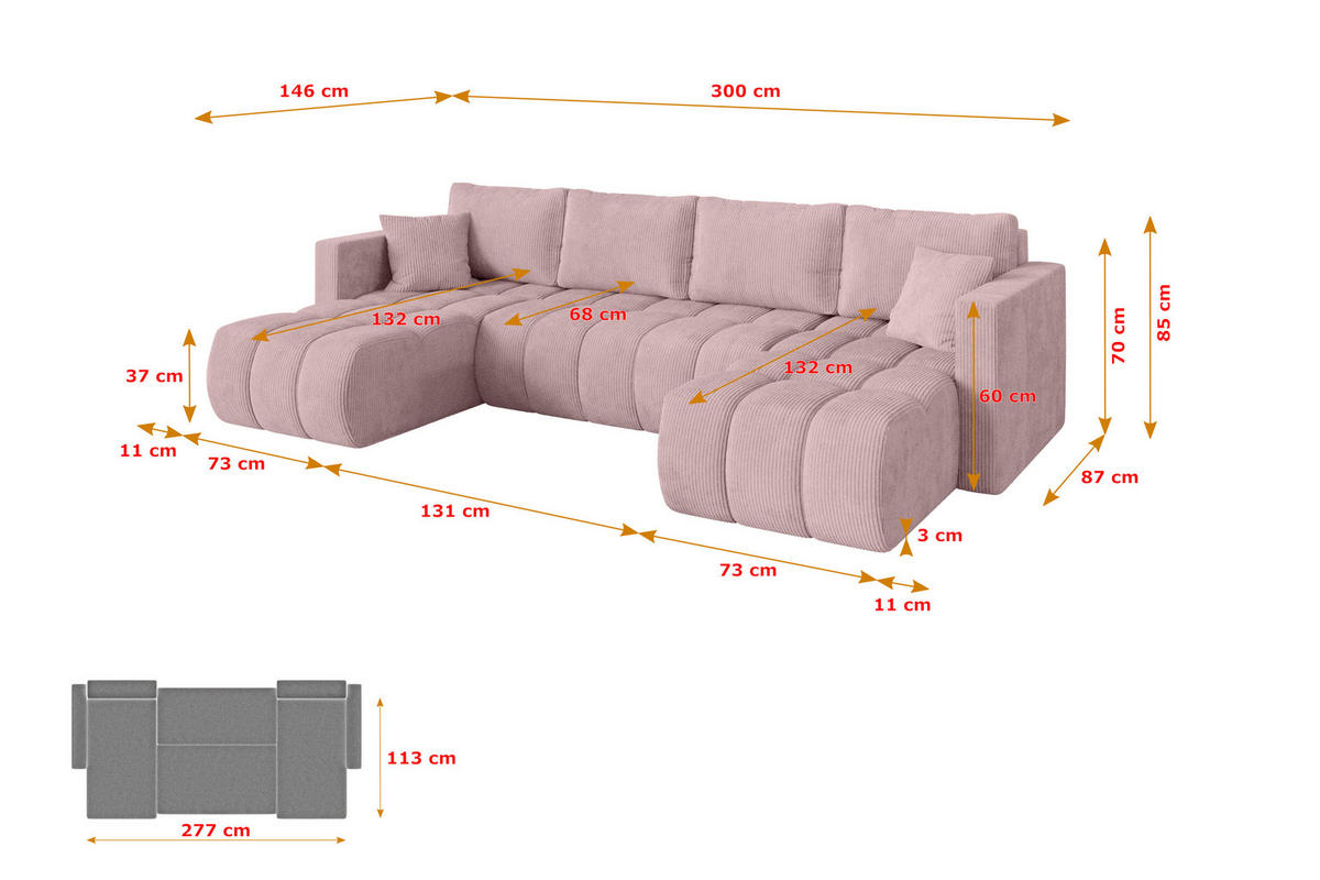 SEDACÍ SOUPRAVA DO U s funkcí spaní a úložným prostorem GARD-U 300x146x85 růžová manšestr - růžová/černá, kompozitní dřevo/textil (300/85/146cm) - ALTDECOR