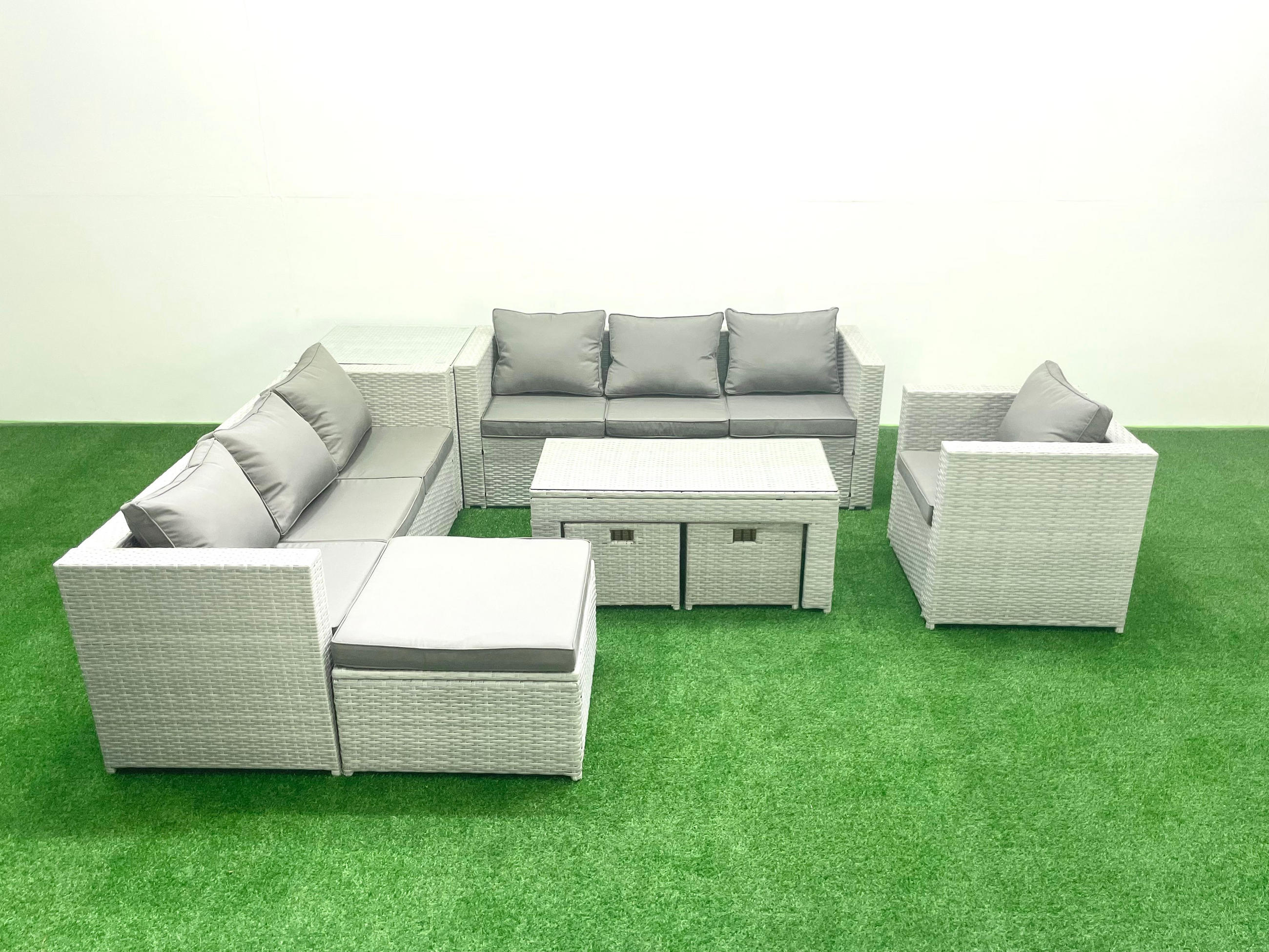 GARTENSOFA hohe Rückenlehne Polyrattan Hellgrau-Mix 10-Sitzer - Hellgrau/Grau, Glas/Kunststoff - Fimous