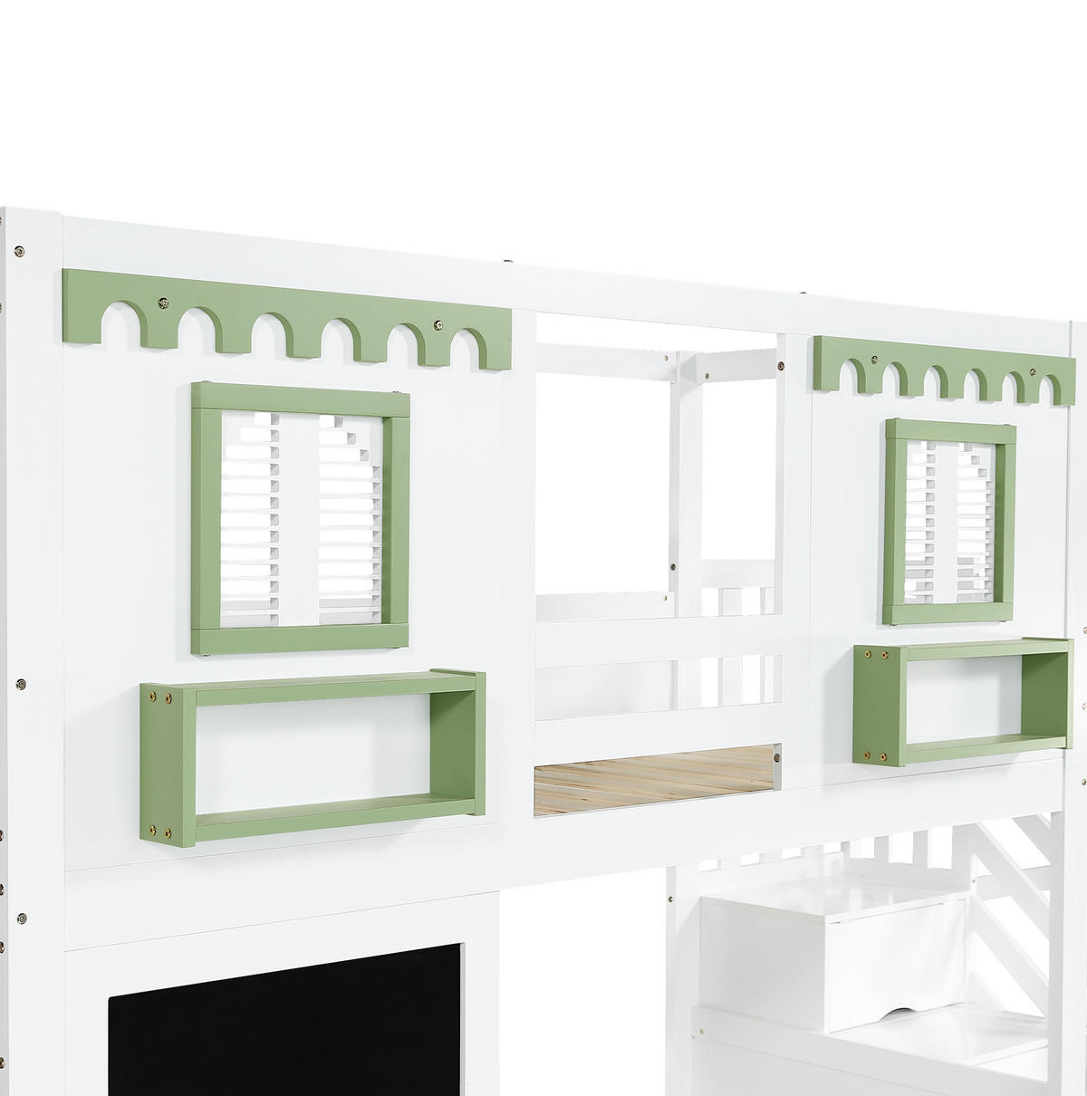 POSCHODOVÁ posteľ 90/200 cm bielo-zelená z masívu a MDF s úložnými schodmi a 2 zásuvkami - biela, drevo (90/200cm) - OKWISH