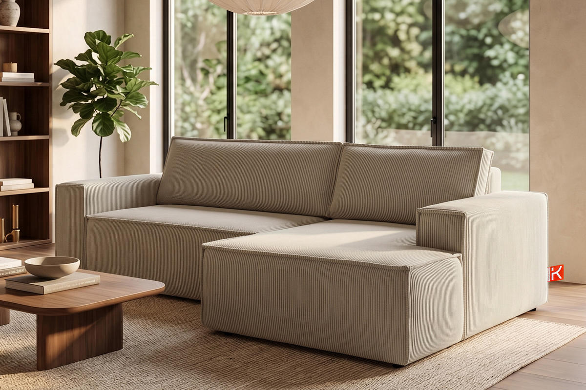 ECKSCHLAFSOFA-RECHTS NAPI in Pet Friendly Cord-Stoff, beige - Beige/Schwarz, Textil (262/148cm) - KONSIMO®