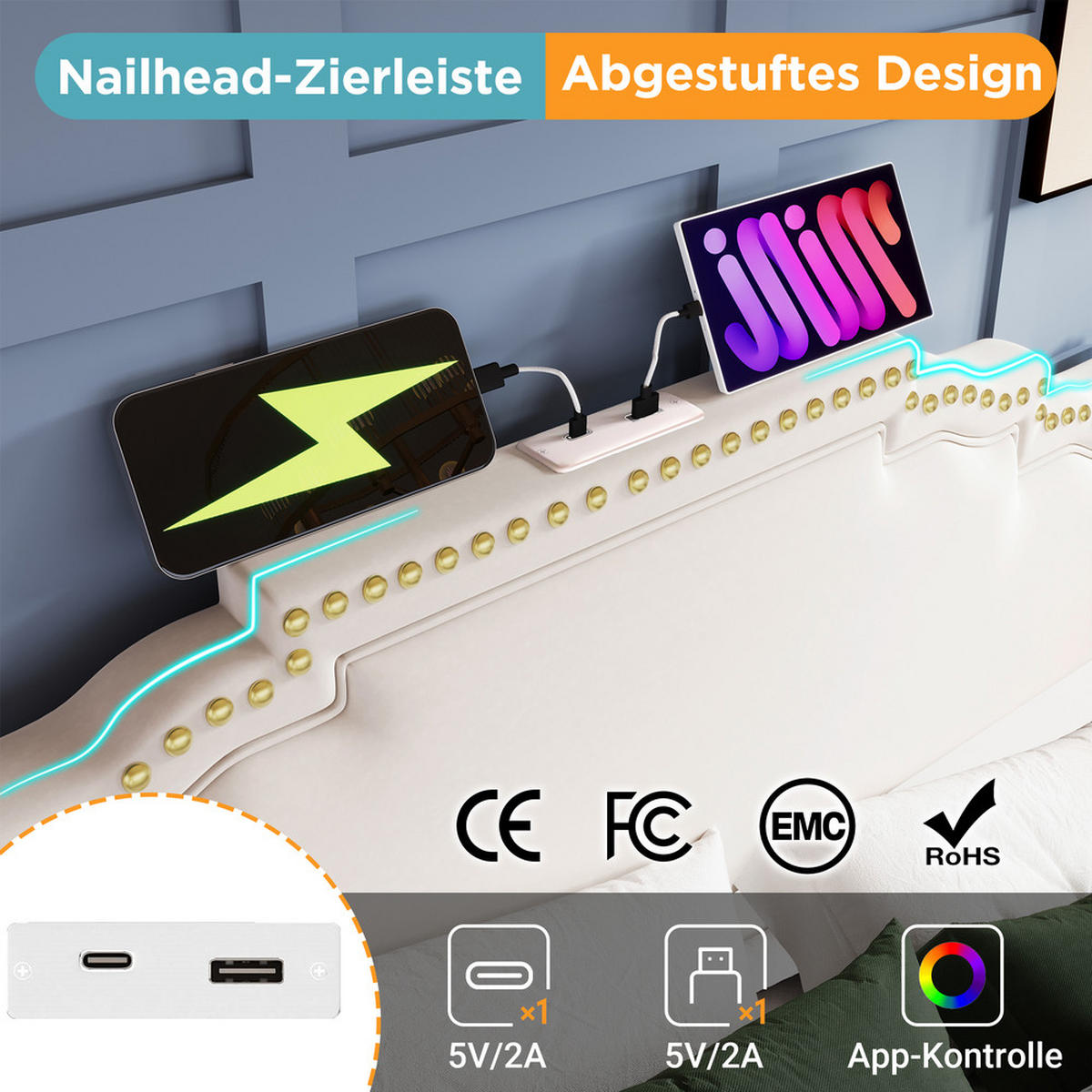 POLSTERBETT 140x200cm mit 4 Schubladen LED-Beleuchtung & USB-C Beige - Beige, Holz - FLIEKS