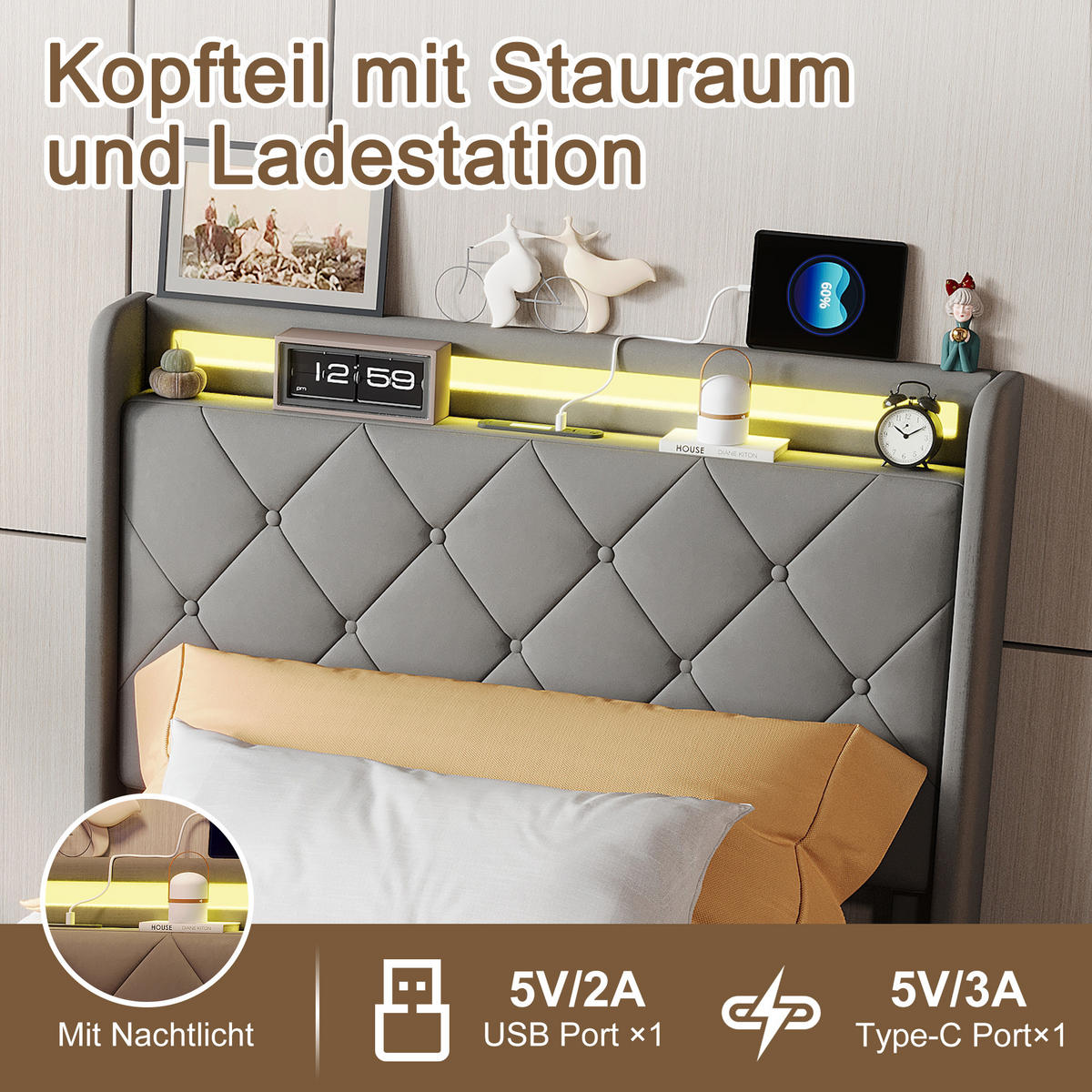 POLSTERBETT 90x200 cm, Zwei Schubladen mit Rollen, RGB LED, USB-/Typ-C-Anschlüsse, Samtstoff, Grau - Grau, Holz (90/200cm) - BRILVERDE