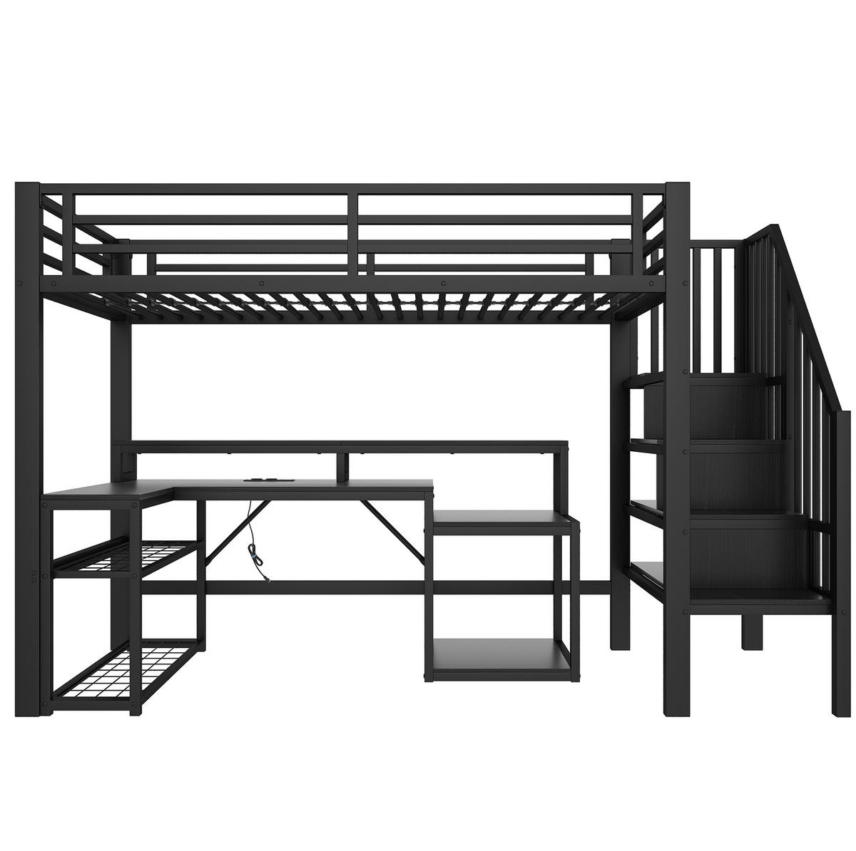 HOCHBETT 90/200 cm schwarz aus Metall und MDF mit LED USB und Schreibtisch - Schwarz, Metall (90/200cm) - OKWISH