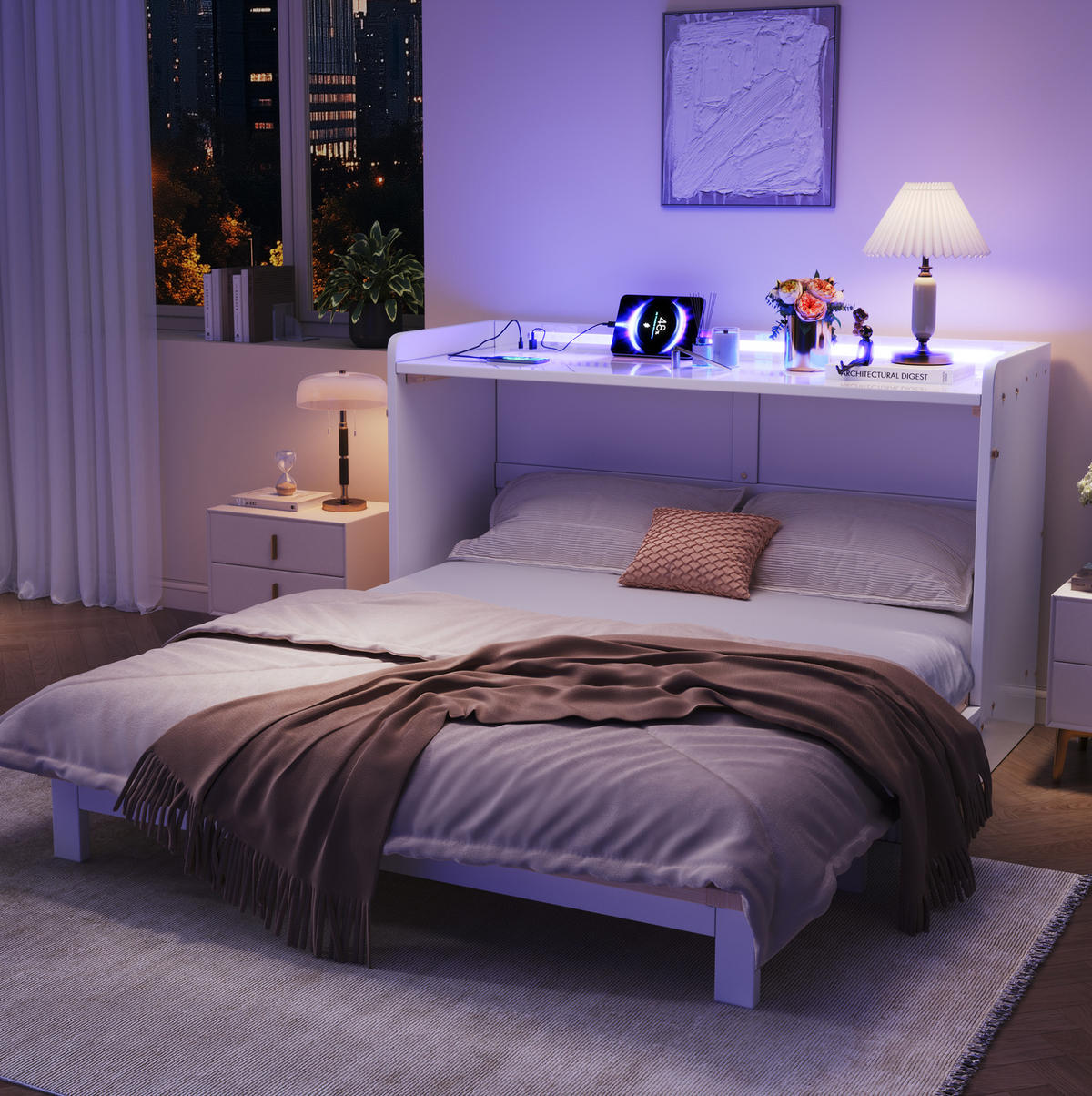 BETT 140/200 cm Weiß mit LED-Beleuchtung und USB-Anschluss - Weiß, Holzwerkstoff (140/200cm) - Flora Grace