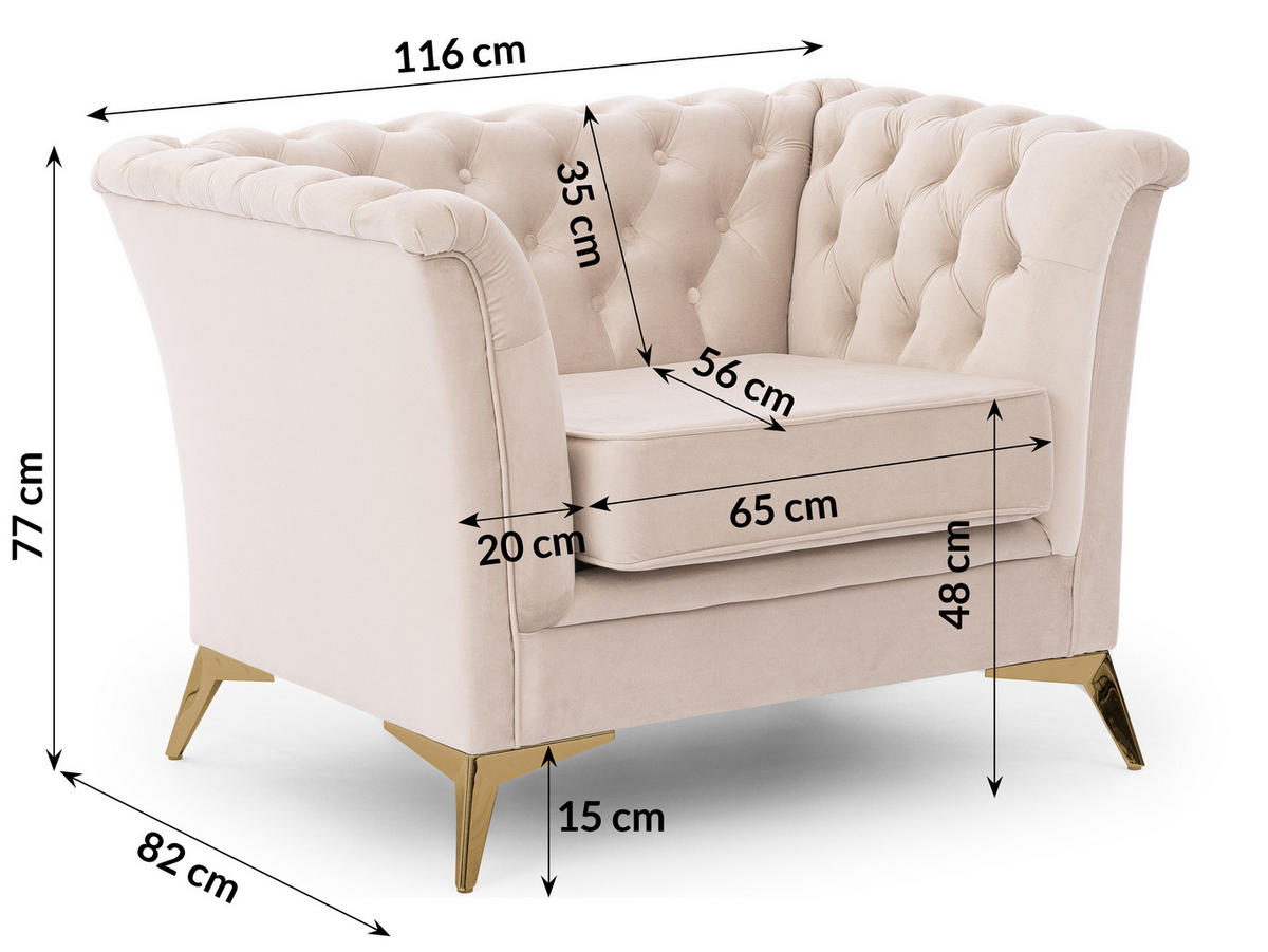 SITZGARNITUR 3+2+1 Chesterfield Whitby Beige Samt mit goldenen Füßen - Beige/Goldfarben, Holz/Textil (237/78/82cm) - S-Style Möbel
