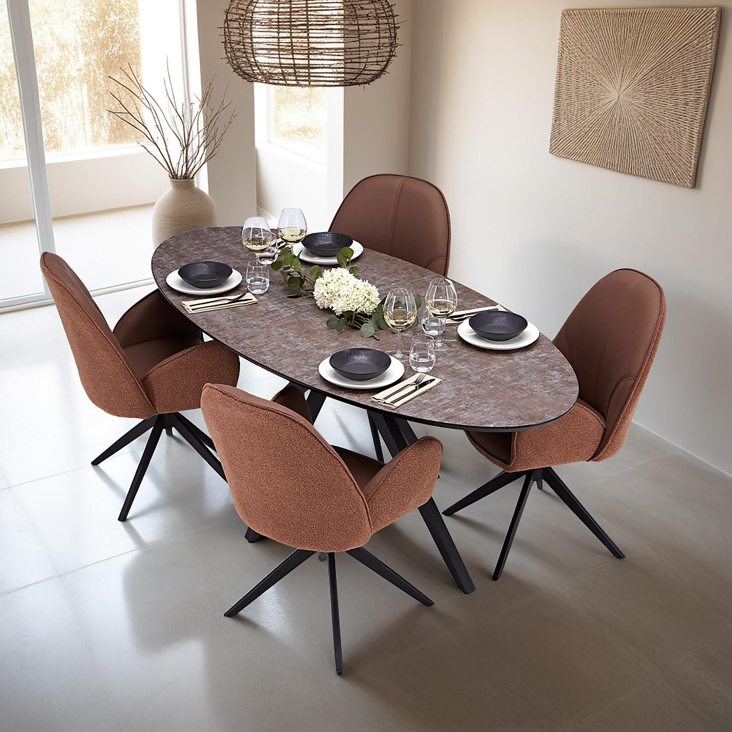 TISCHGRUPPE oval schwarz mit 4 Stühle Braun - Braun, Metall (95/90/200cm) - Homestyle4u