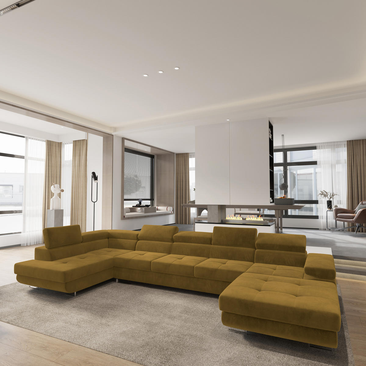 WOHNLANDSCHAFT TORIVA L-S Gelb Velours-Stoff mit Schlaffunktion - Gelb, Holz (418/90/202cm) - MASSENO