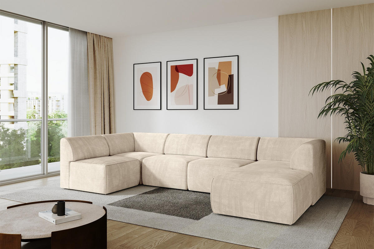 WOHNLANDSCHAFT Ottomane Rechts MOVA 345x180x78 Beige Cord - Kaschmir/Beige, Holzwerkstoff/Kunststoff (345/78/180cm) - ALTDECOR