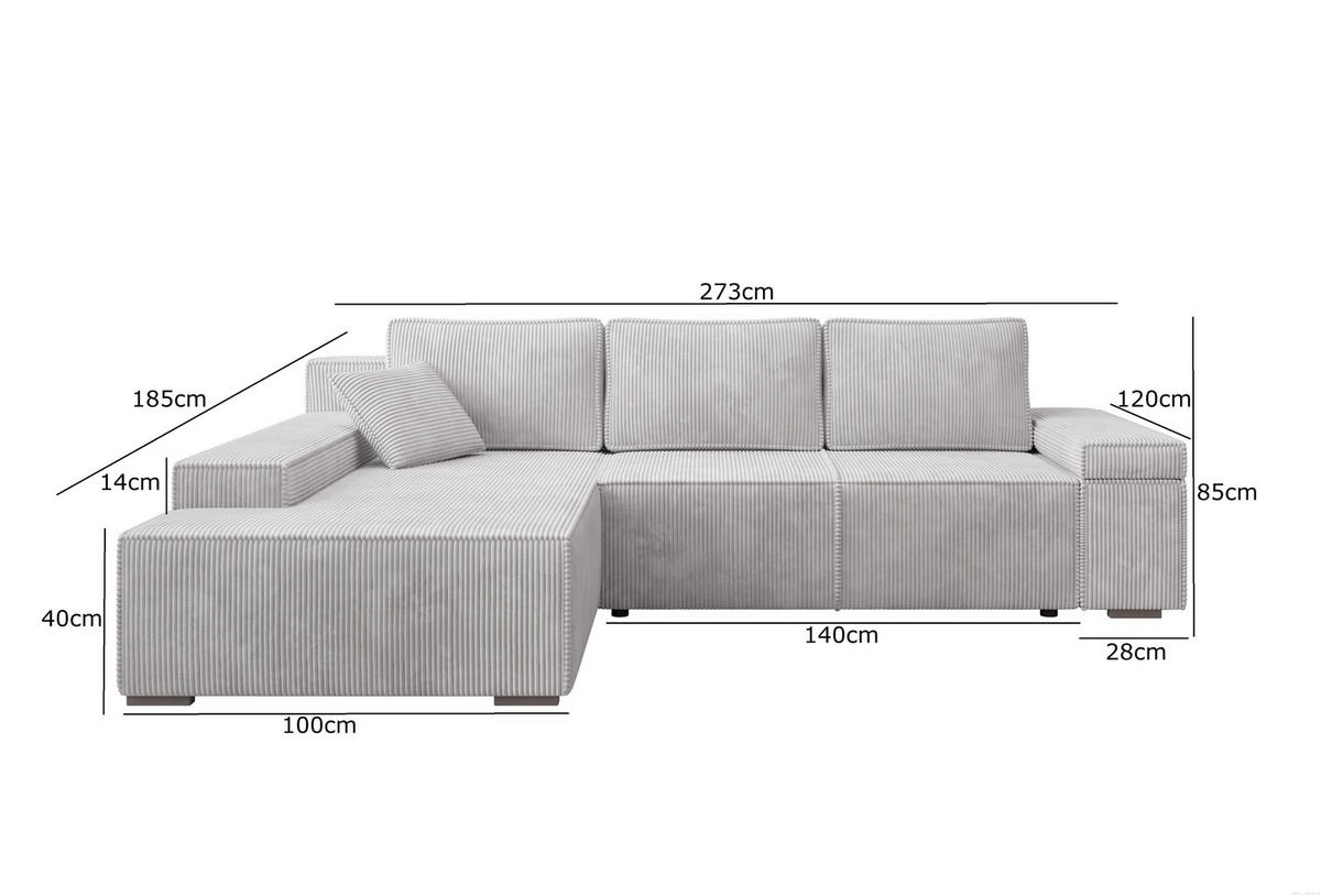 ECKSOFA Milo mit Schlaffunktion und Bettkasten, Couch L-Form, Cord-Stoff, 273x85x185 cm, Grau - Grau, Holz (185/273cm) - PROMETO Möbel