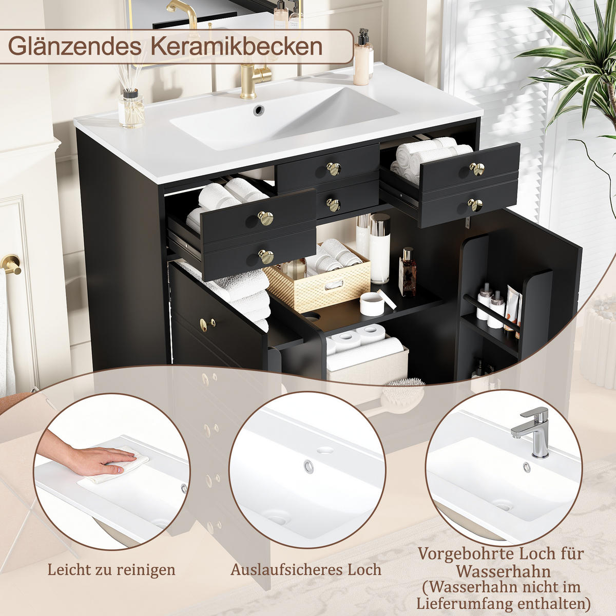 WASCHTISCH Schwarz 91.5/47/86.5 cm - Schwarz, Holz (91.5/86.5/47cm) - PANGIVO