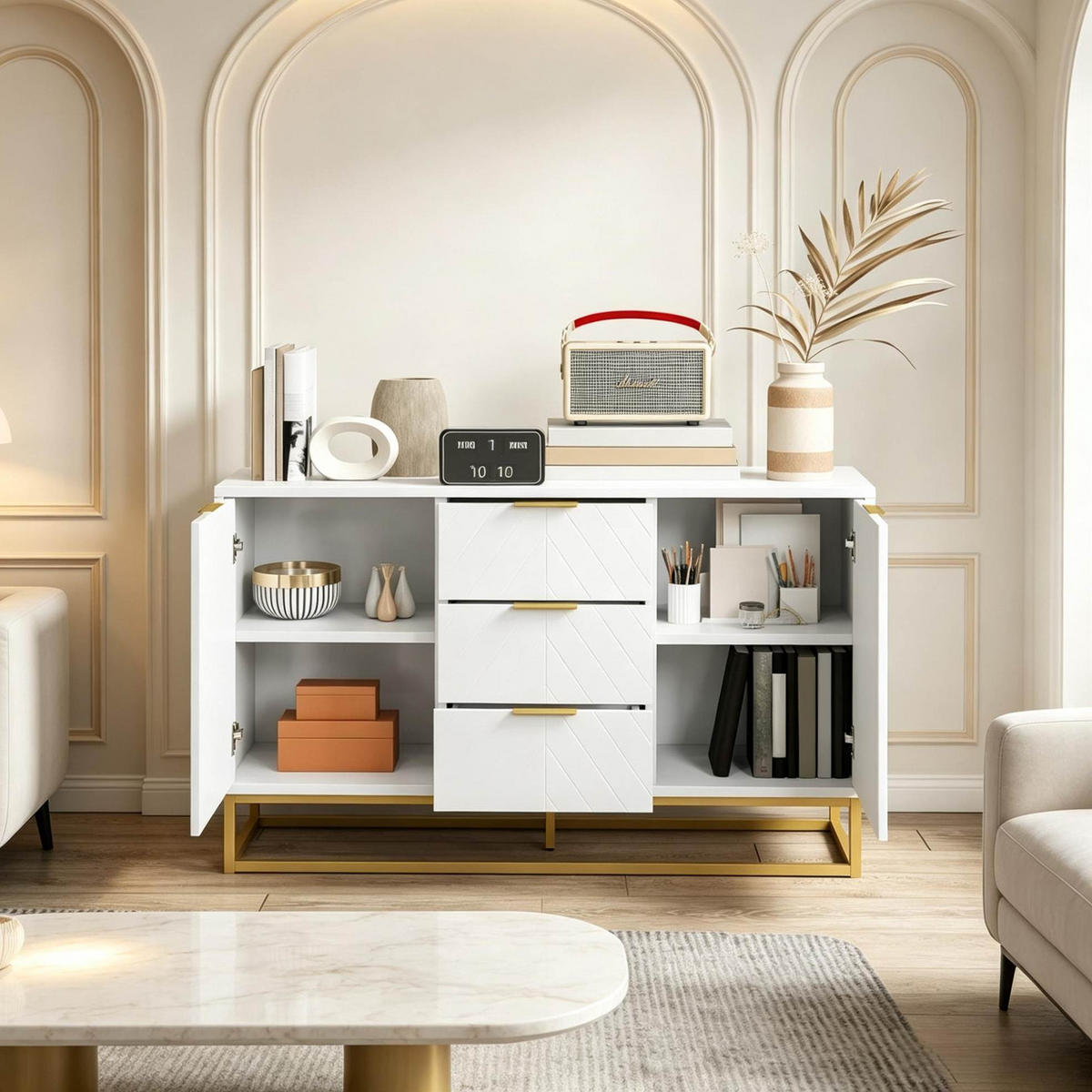 SIDEBOARD in Weiß und Gold 120x40x76 cm mit 2 Türen und 3 Schubladen - Weiß, Holzwerkstoff (40/76/120cm) - IVMEU