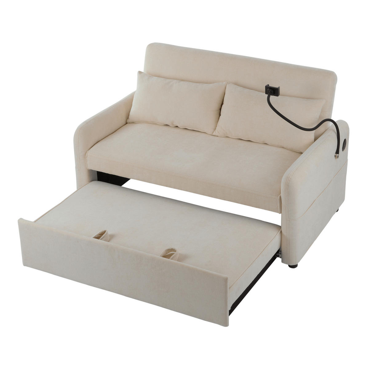 SOFA od chenille tkanine, 129/163/81 cm bež, na razvlačenje s USB-om - bež, tekstil (129/81/76cm) - BEAOK