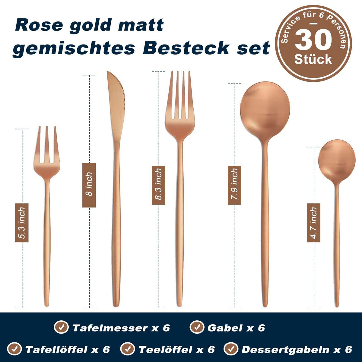 BESTECKSET 6 Personen 30-teilig Edelstahl, Spülmaschinenfest - Roségold, Metall - Kaket